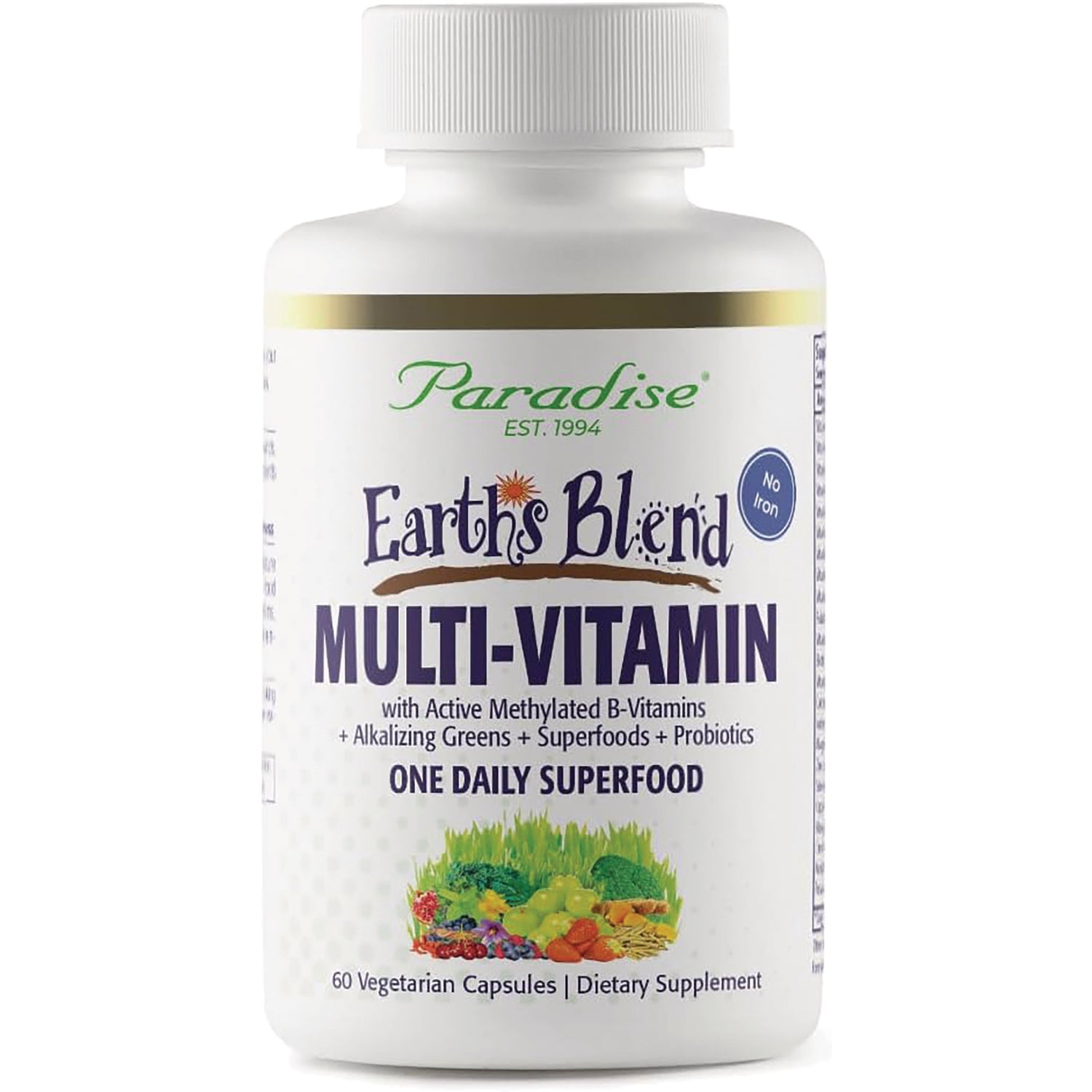 PRH012 | Paradise Earth's Blend Multi-Vitamin white bottle labeled MULTI-VITAMIN One Daily Superfood