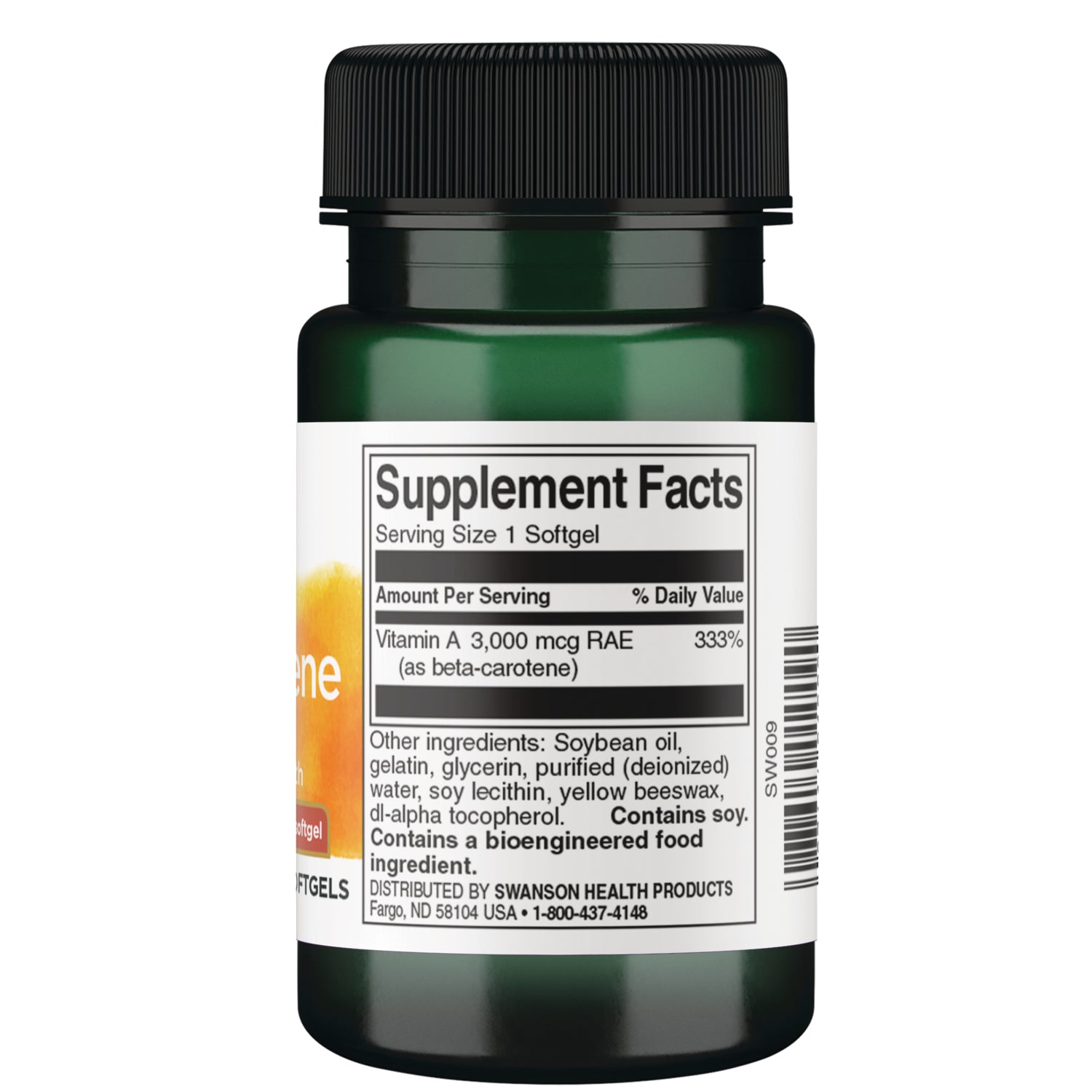 SW009 | Back label showing Supplement Facts for vitamin A softgels, 3,000 mcg RAE (333% DV), plus ingredients list