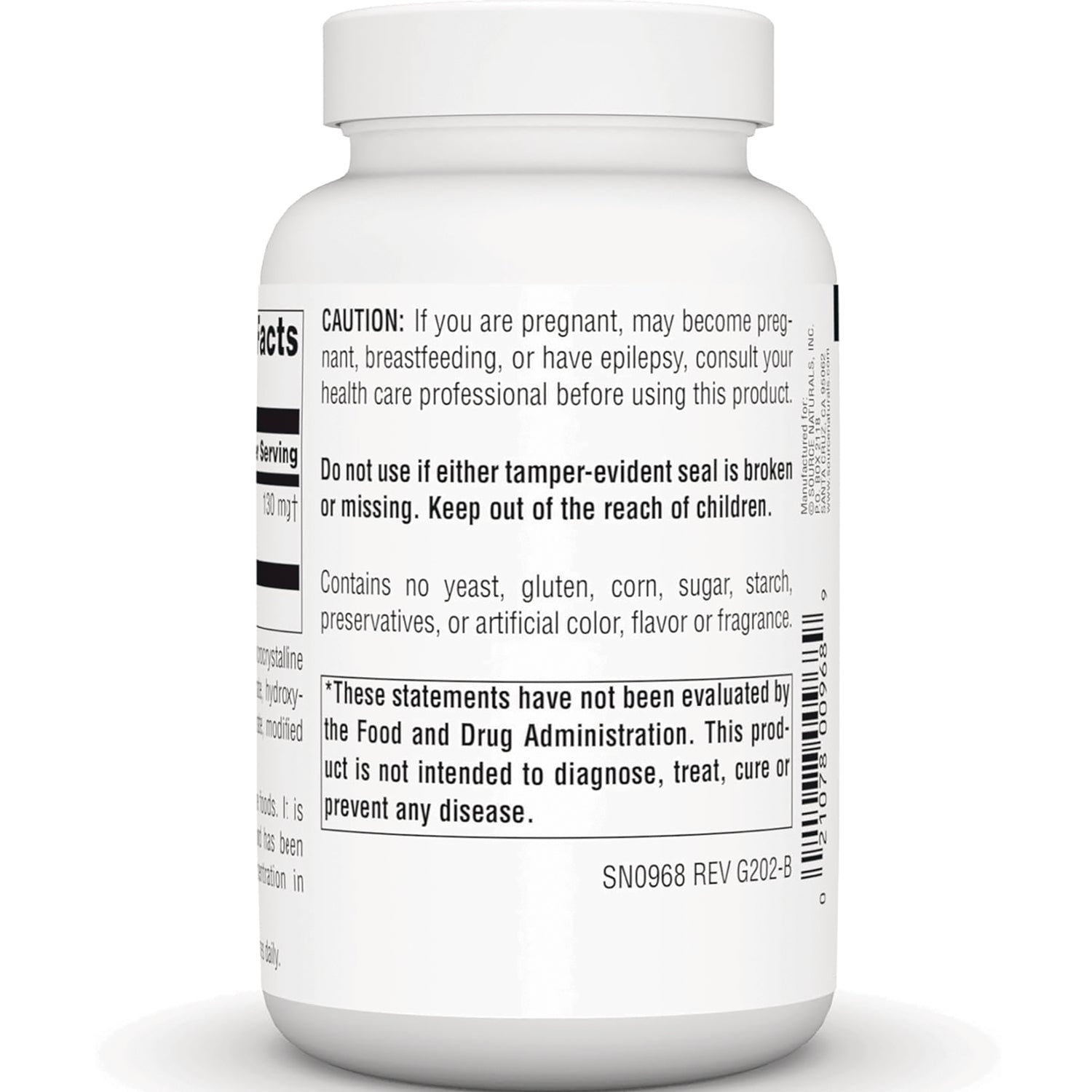 SN478 | Supplement bottle back label with cautions, tamper-evident warning, and FDA disclaimer