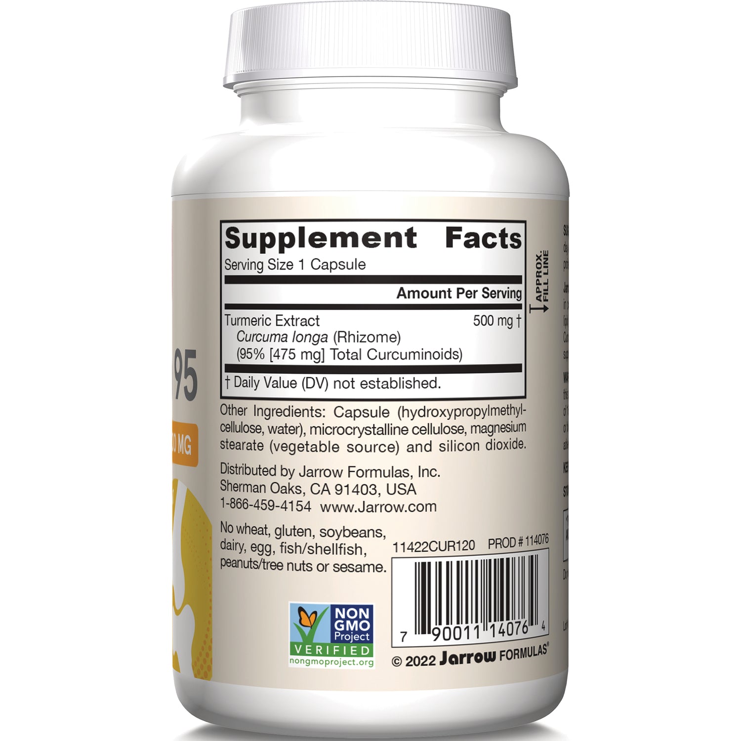 JR187 | Back label of white supplement bottle showing Supplement Facts for turmeric extract 500 mg, ingredients and barcode