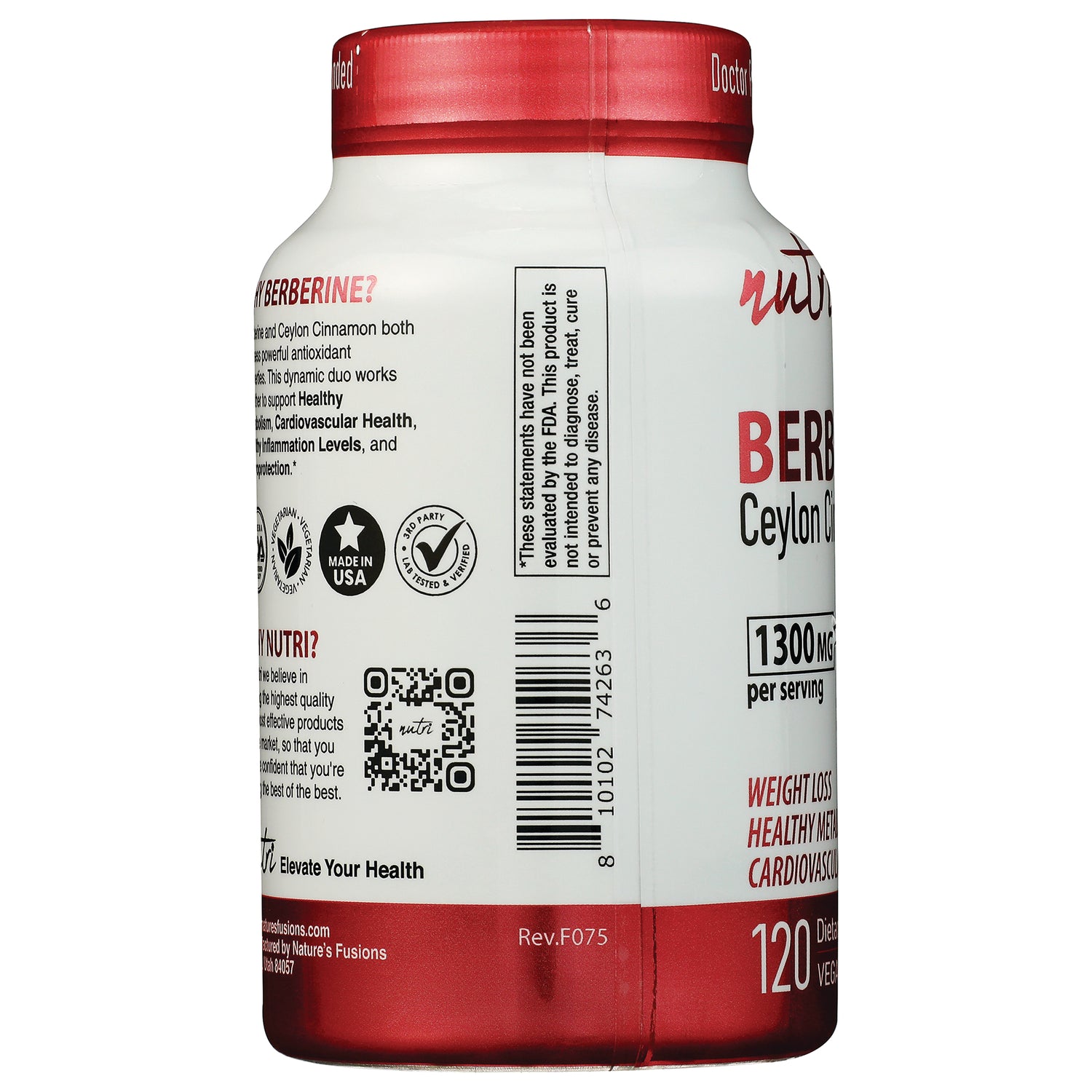 NFU001 | Back of white supplement bottle showing QR code, product flags and warnings