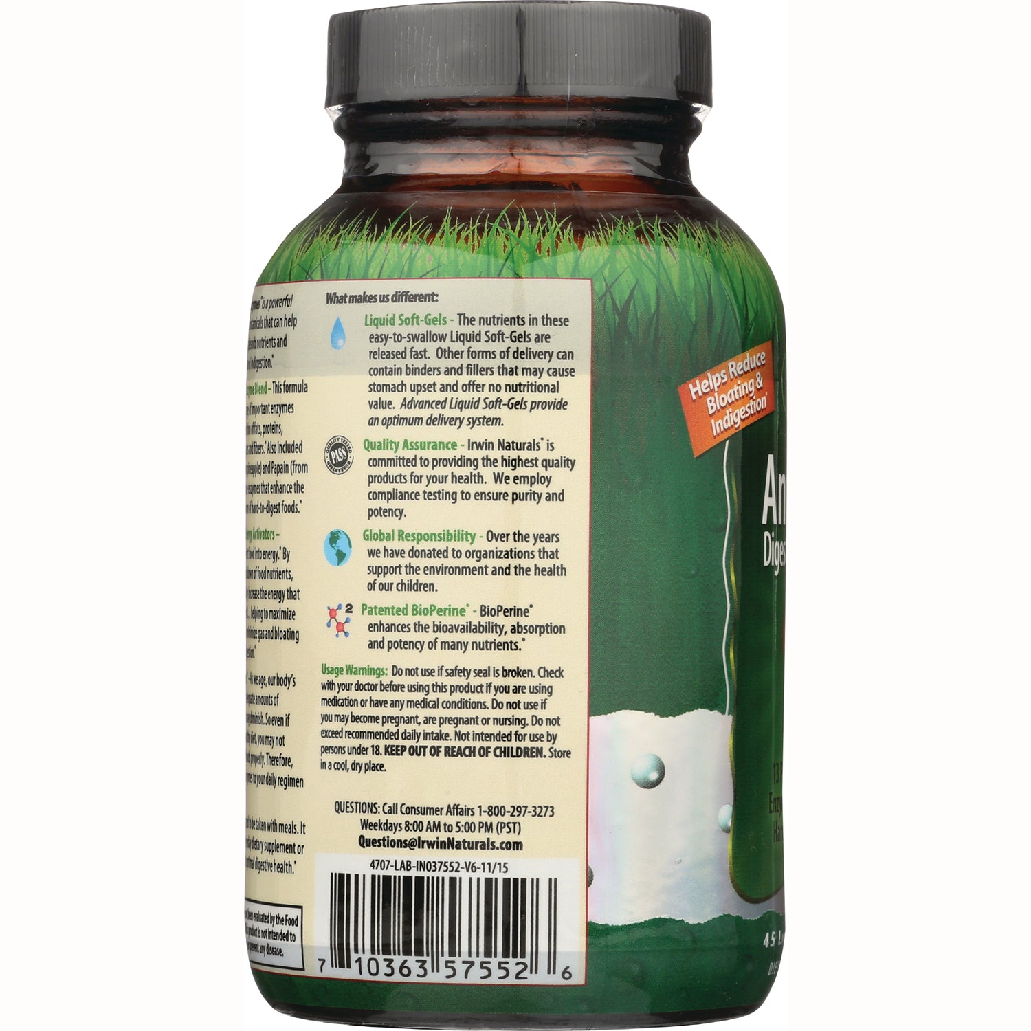 IR091 | Back label of green supplement bottle showing usage warnings, product claims, icons and barcode