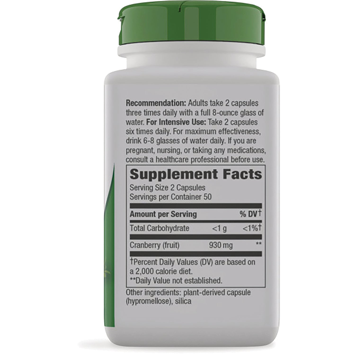 NW049 | Back of white supplement bottle showing Recommendation text and Supplement Facts panel listing serving size and cranberry 930 mg
