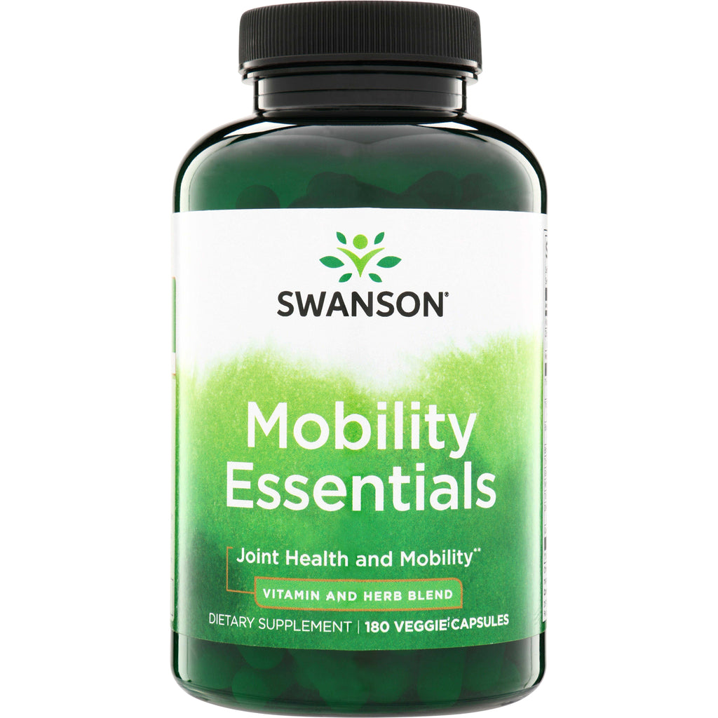 SWC084 | Swanson Mobility Essentials supplement bottle front label saying Mobility Essentials, joint health and mobility, 180 veggie capsules - Thumbnail