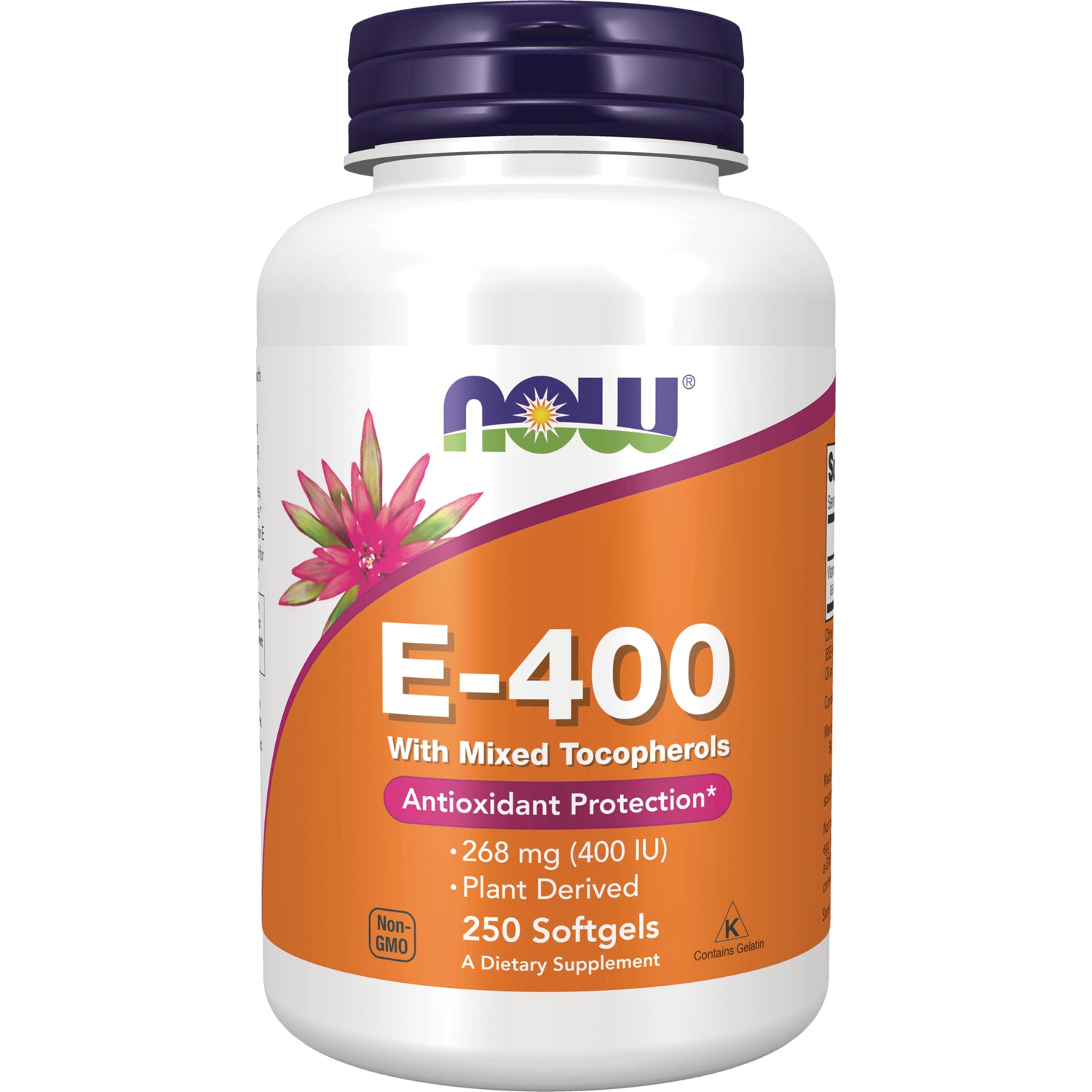 NWF881 | NOW E-400 250-count softgels bottle with orange label reading E-400 and Antioxidant Protection