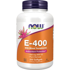 NWF881 | NOW E-400 250-count softgels bottle with orange label reading E-400 and Antioxidant Protection