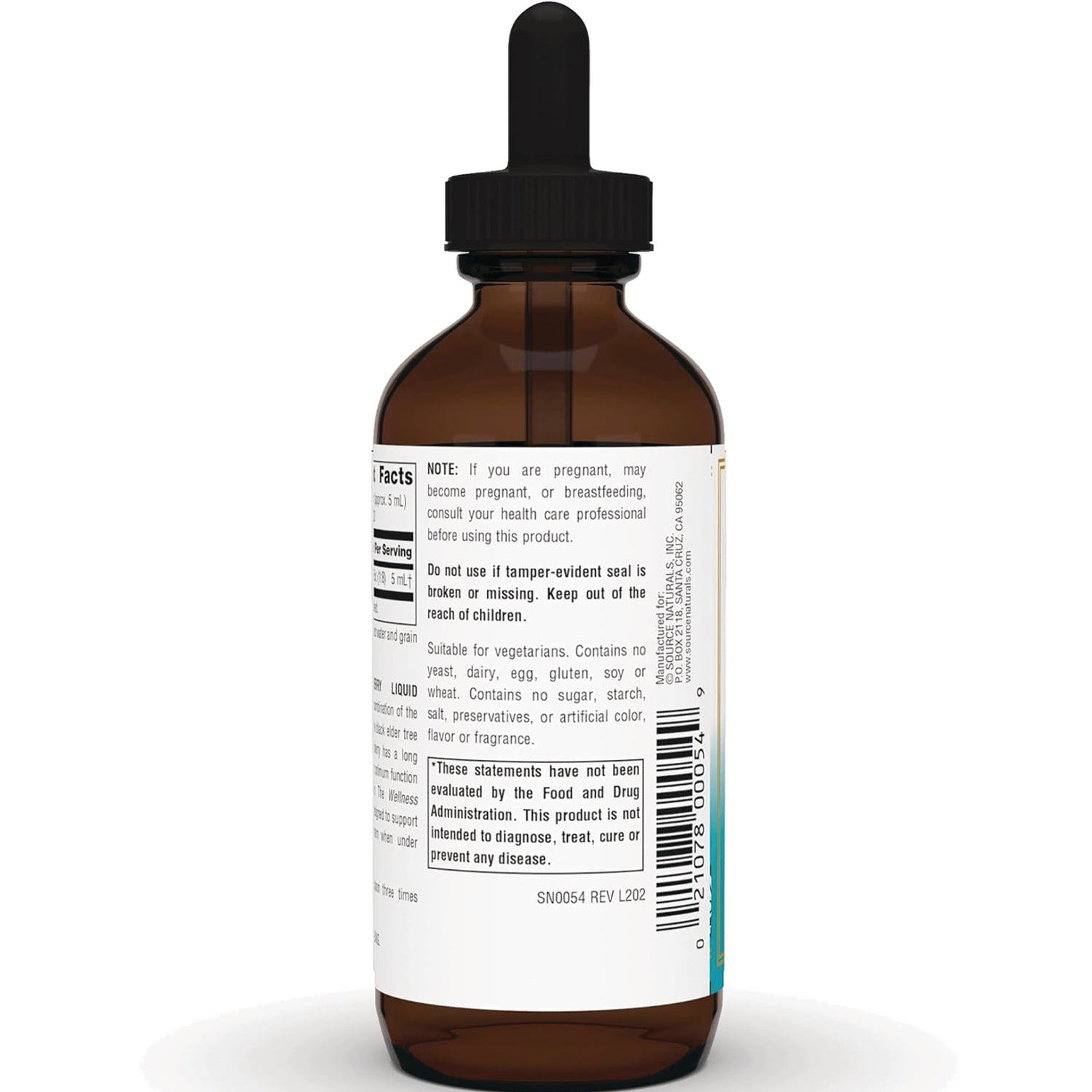 SN224 | Back label of amber dropper bottle with Supplement Facts, warnings, and barcode