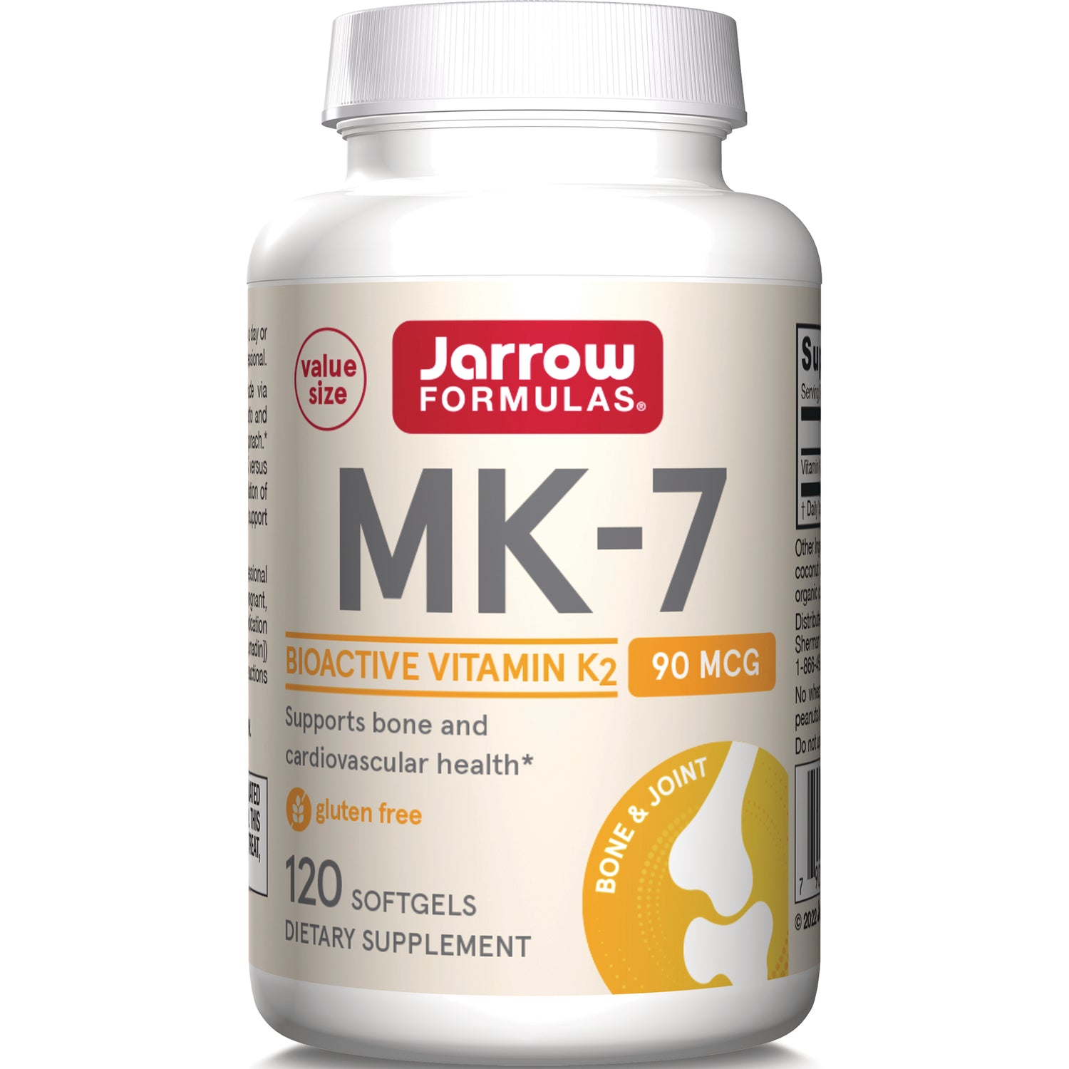 JR284 | Jarrow Formulas MK-7 bioactive vitamin K2 90 MCG bottle, 120 softgels, gluten free