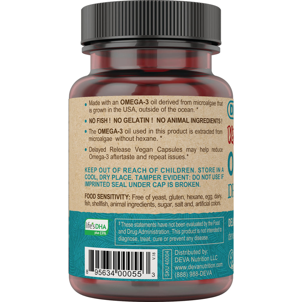 back label of vegan omega-3 supplement bottle showing ingredients, storage warnings, and barcode - Thumbnail