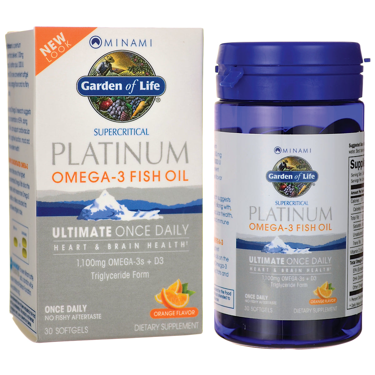 Garden of Life Platinum Omega-3 fish oil box and bottle, orange flavor, 30 softgels
