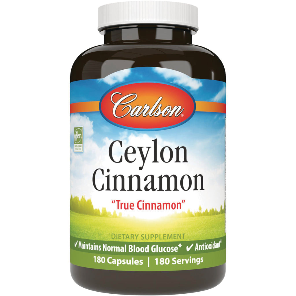 CSN268 | Carlson Ceylon Cinnamon supplement bottle labeled True Cinnamon 180 Capsules maintains normal blood glucose - Thumbnail