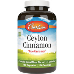 CSN268 | Carlson Ceylon Cinnamon supplement bottle labeled True Cinnamon 180 Capsules maintains normal blood glucose