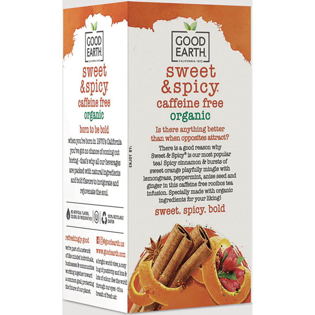 GET019 | back of Good Earth Sweet & Spicy caffeine free organic tea box showing ingredients and product description - Thumbnail