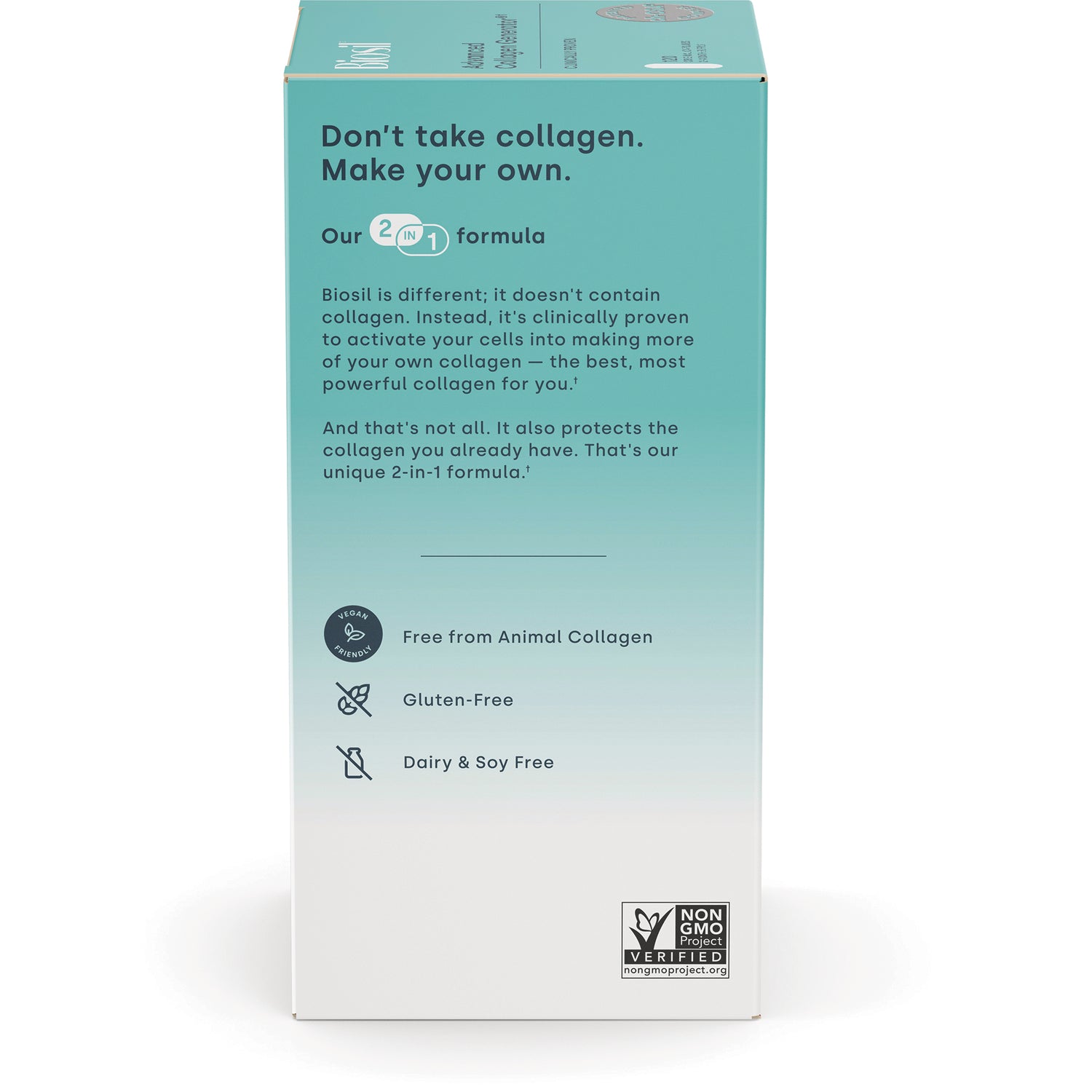 NFC103 | back of Biosil box showing HAIR, SKIN, NAILS text and paragraph about collagen benefits