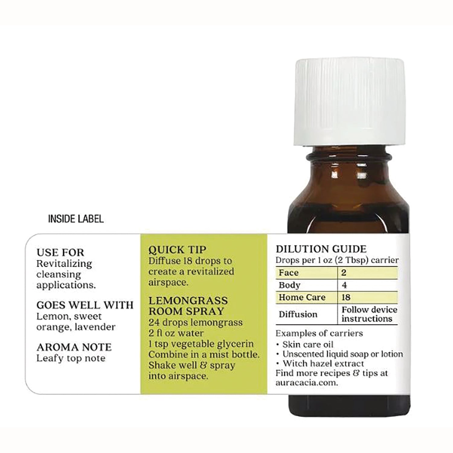 ARC009 | back label showing dilution guide, lemongrass room spray recipe and amber bottle cap