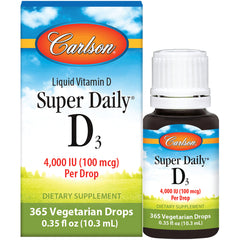 CSN230 | Carlson Super Daily D3 liquid vitamin bottle and box labeled 4,000 IU (100 mcg) per drop, 365 vegetarian drops