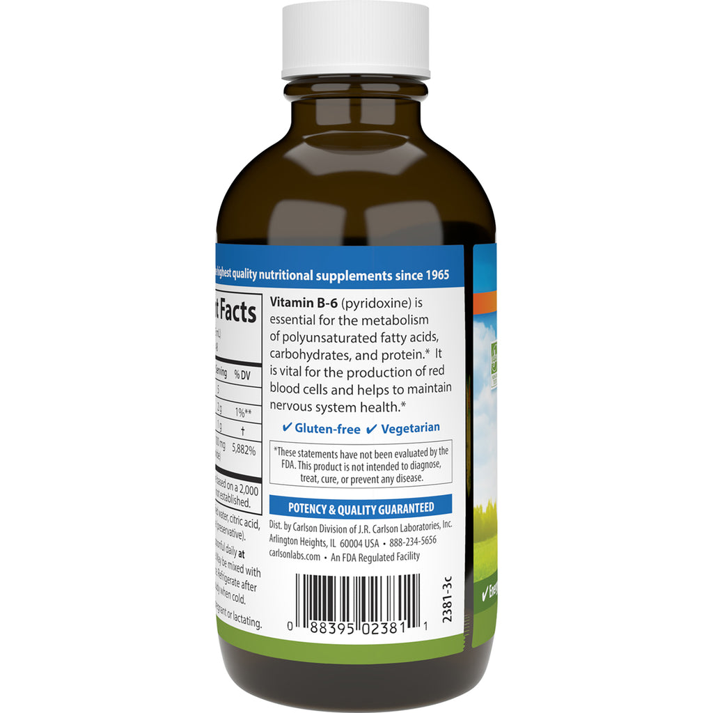 CSN078 | Back label of brown supplement bottle showing nutrition facts, Vitamin B-6 description, gluten-free and vegetarian claims, barcode - Thumbnail