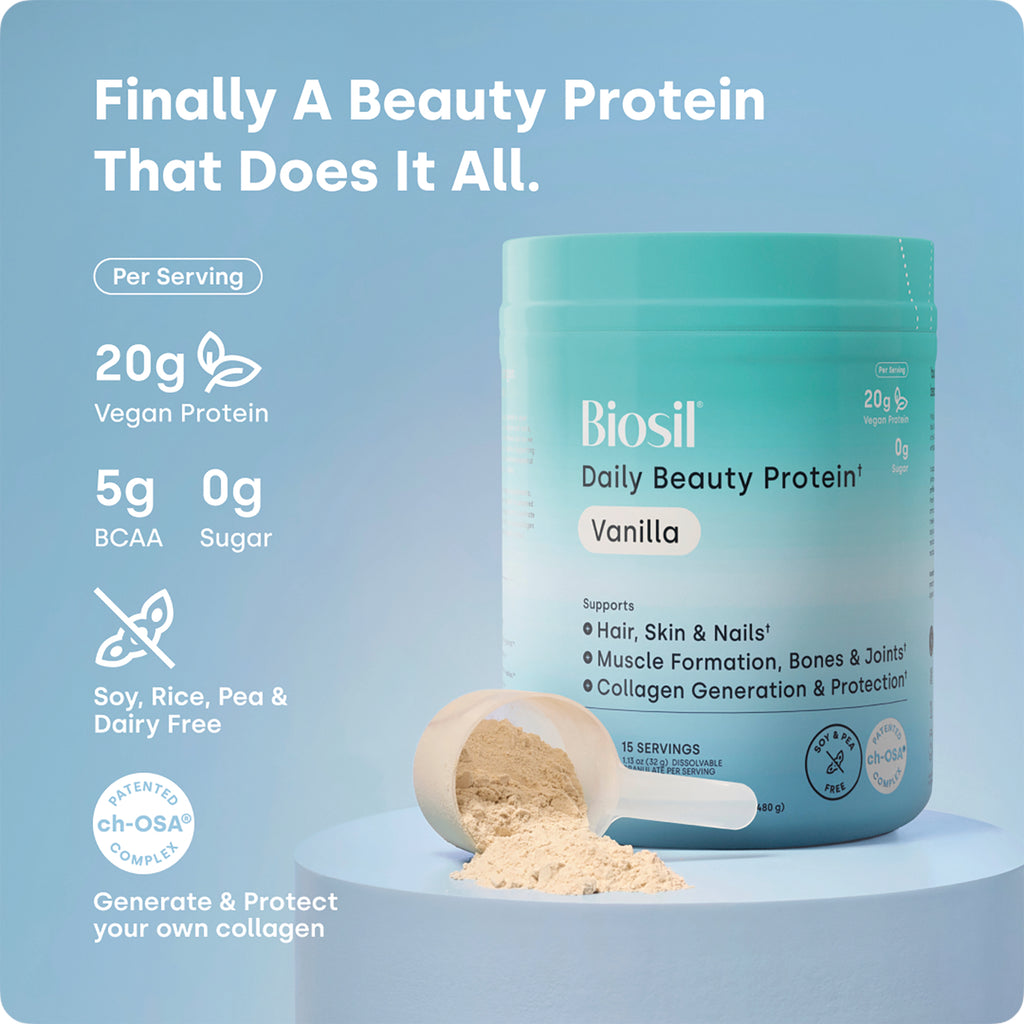 NFC222 | Biosil Daily Beauty Protein Vanilla tub with scoop and feature callouts - Thumbnail