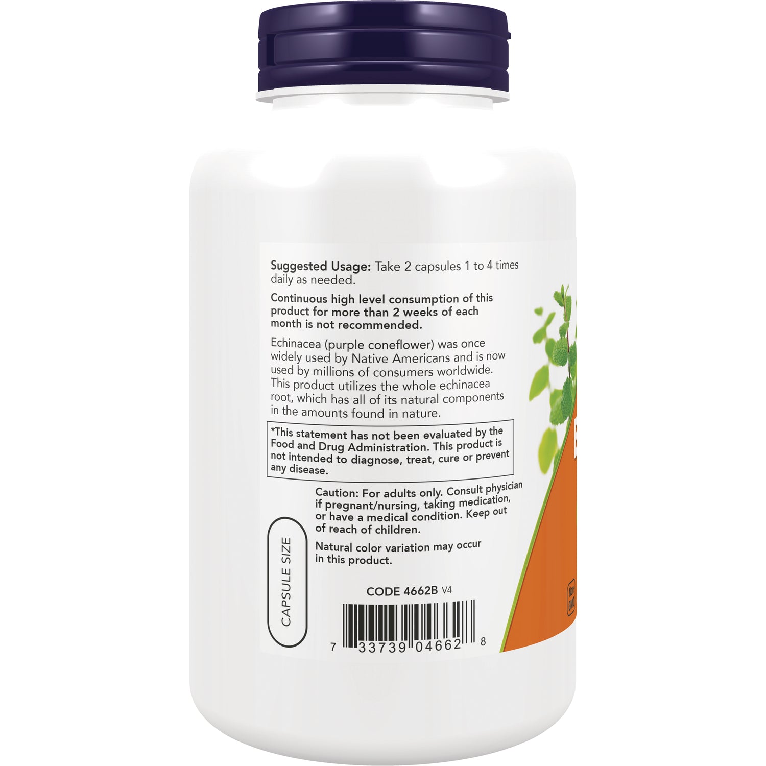 NWF672 | White supplement bottle back label showing suggested usage, warnings, barcode and capsule size