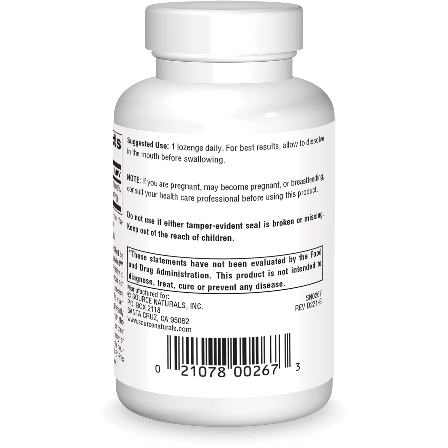 SN335 | Back label with Suggested Use: 1 lozenge daily, FDA disclaimer, and barcode