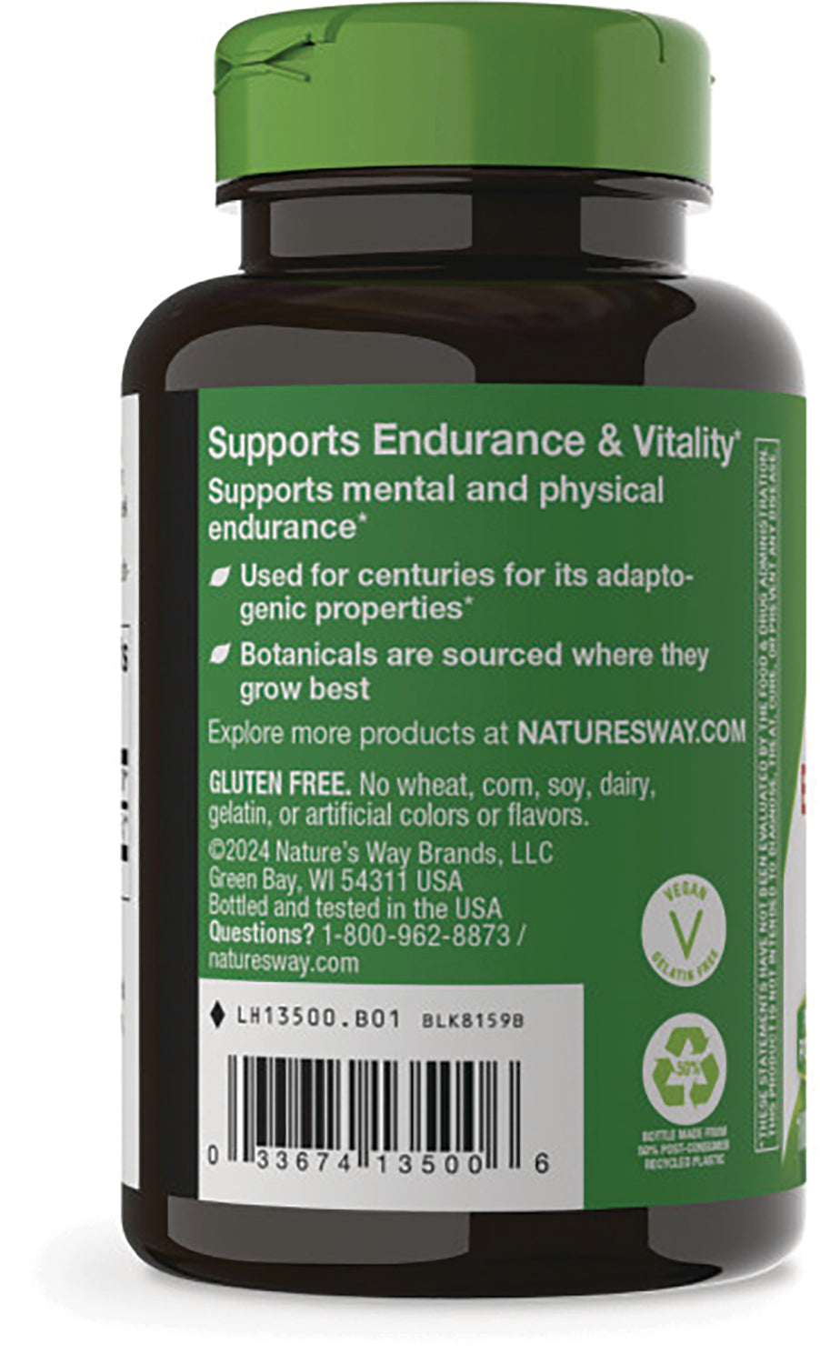 NW143 | Back of green-labeled supplement bottle showing Supports Endurance & Vitality text, gluten free notice, and barcode - Thumbnail