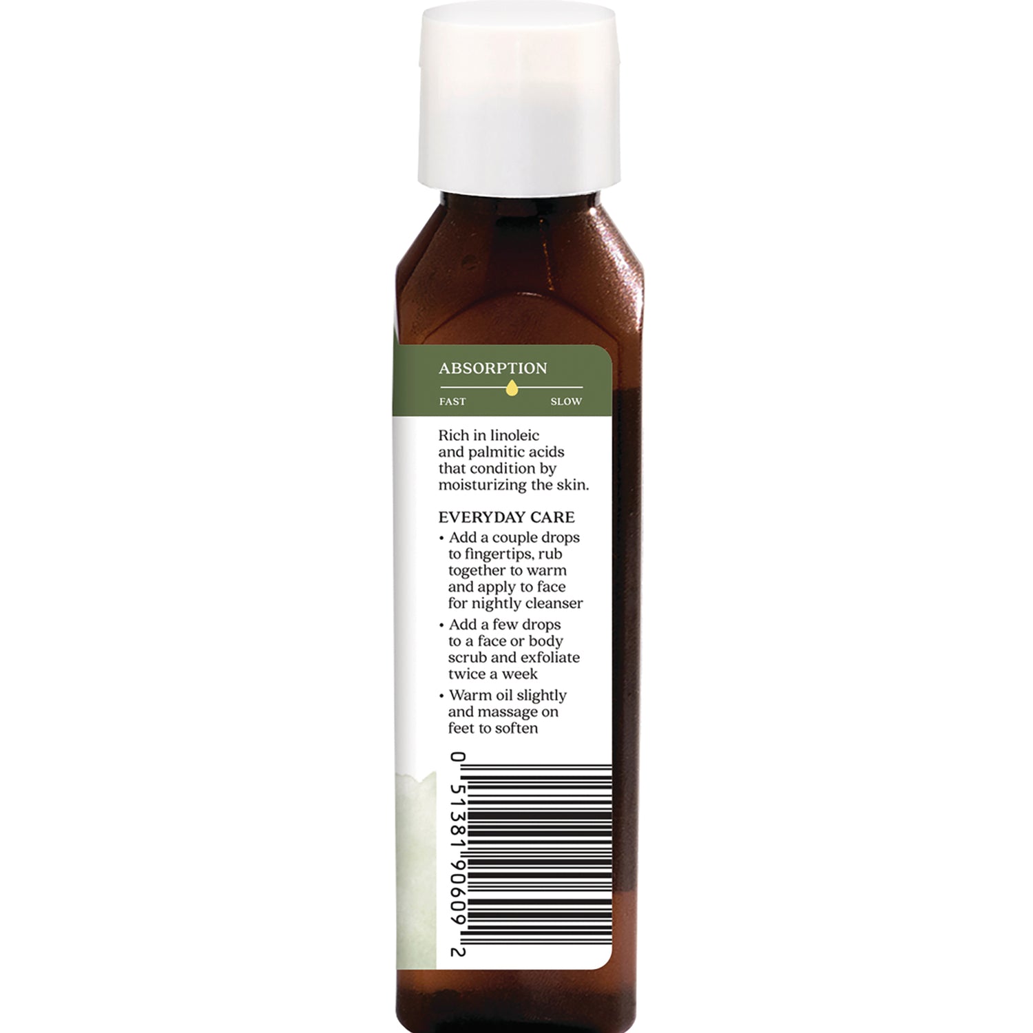 ARC059 | Back of brown bottle with white cap, label showing ABSORPTION heading, everyday care instructions and barcode