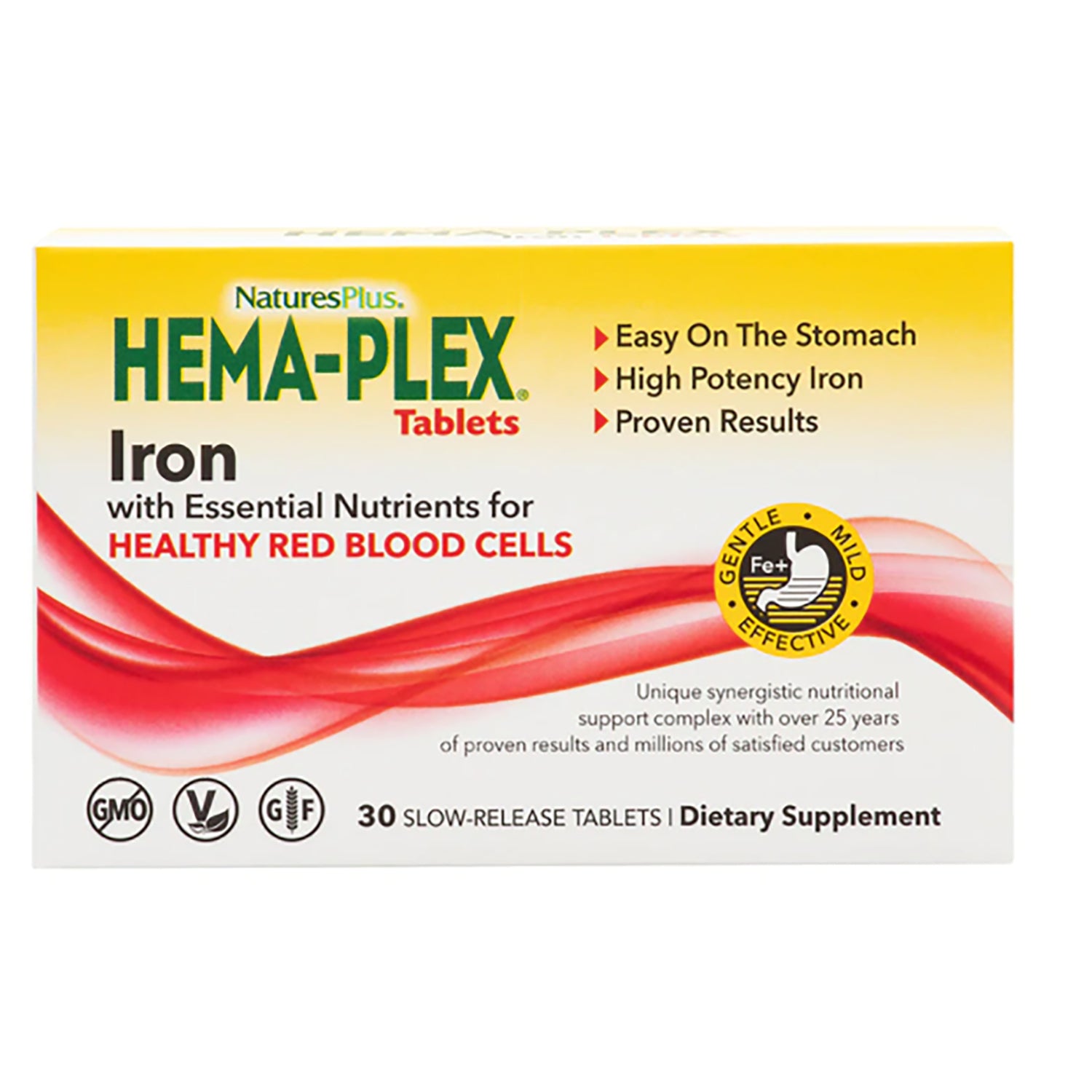 NTP070 | Hema-Plex iron tablets box with NaturesPlus branding, healthy red blood cells claim and 30 slow-release tablets