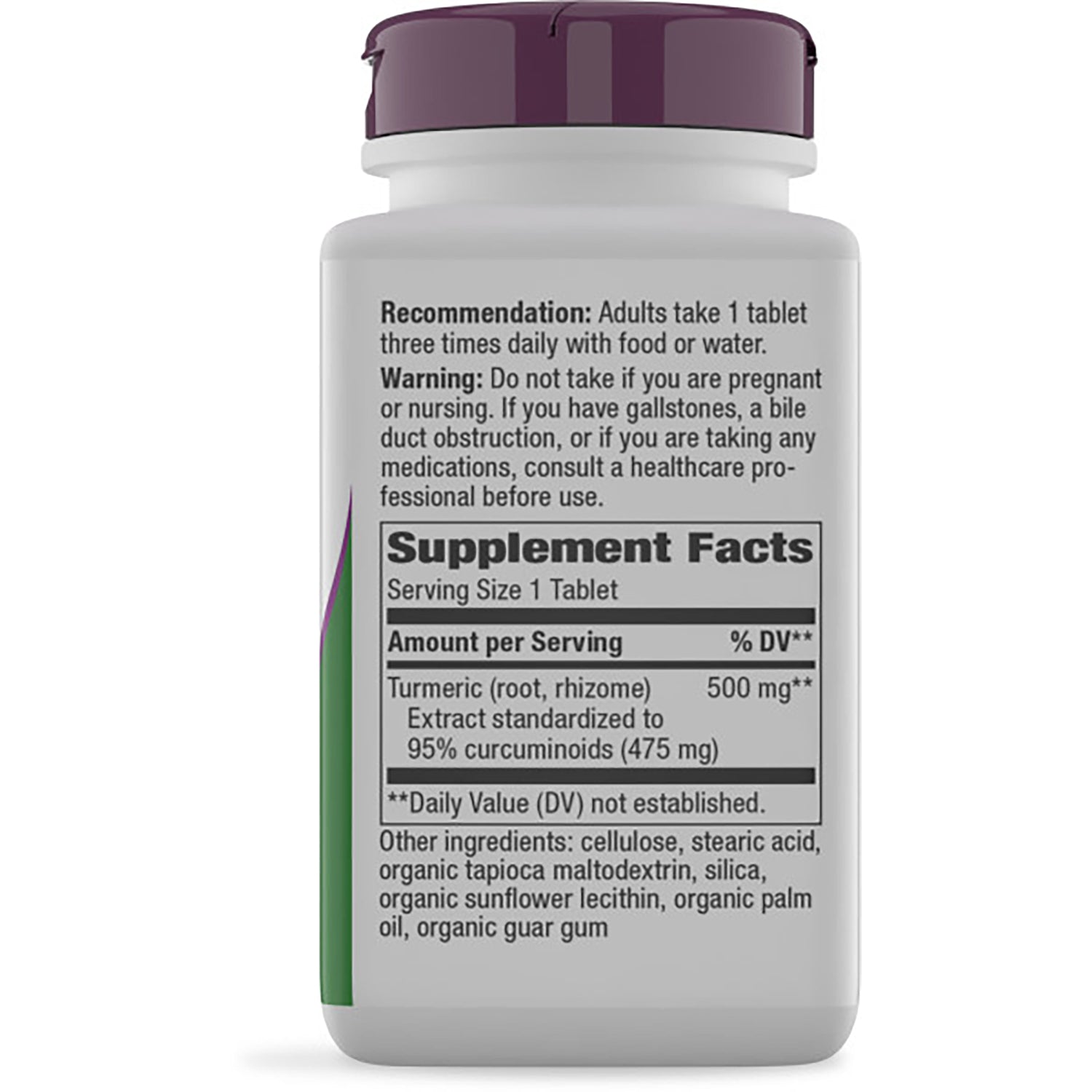 NW534 | Back label showing Supplement Facts panel with serving size, turmeric 500 mg, and ingredient list