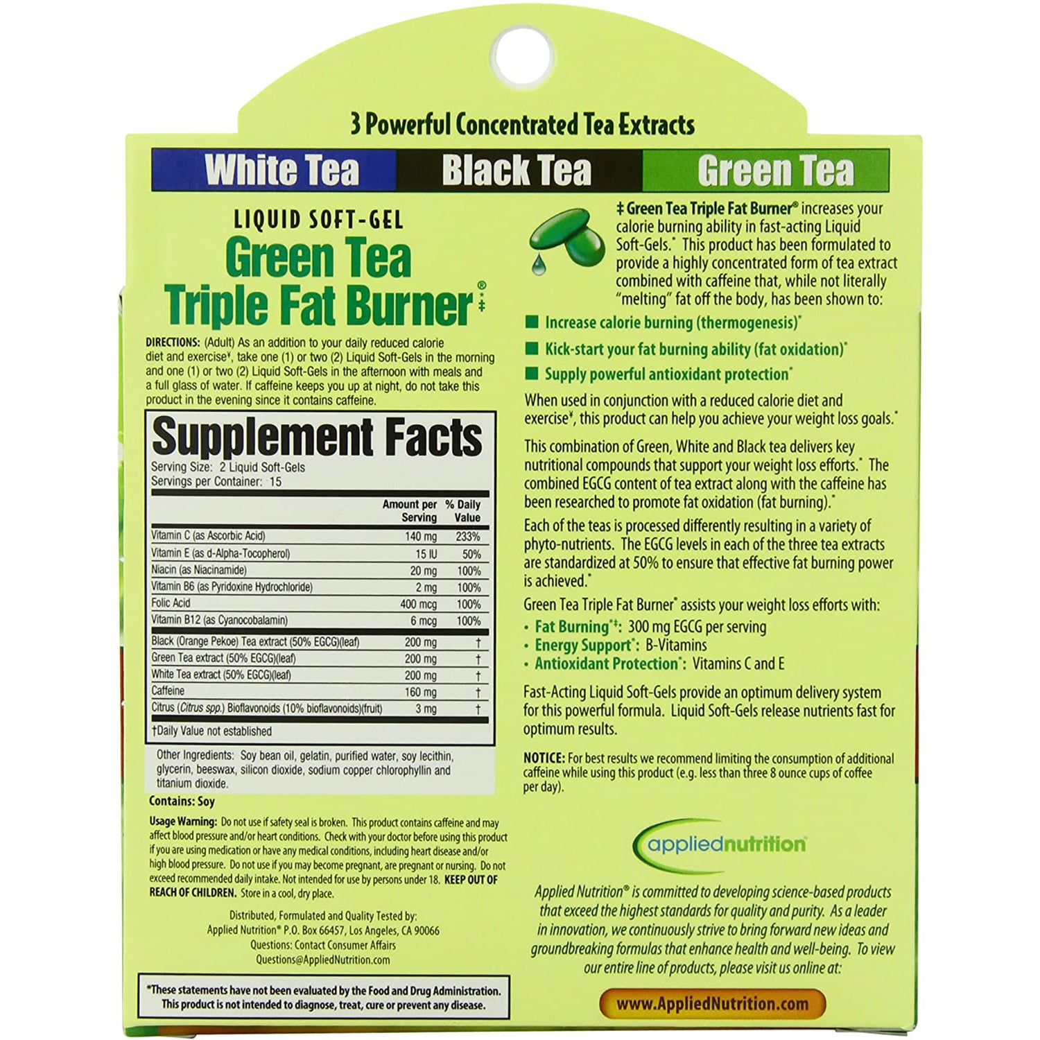 APT011 | Back label of Green Tea Triple Fat Burner liquid soft-gels with Supplement Facts and directions