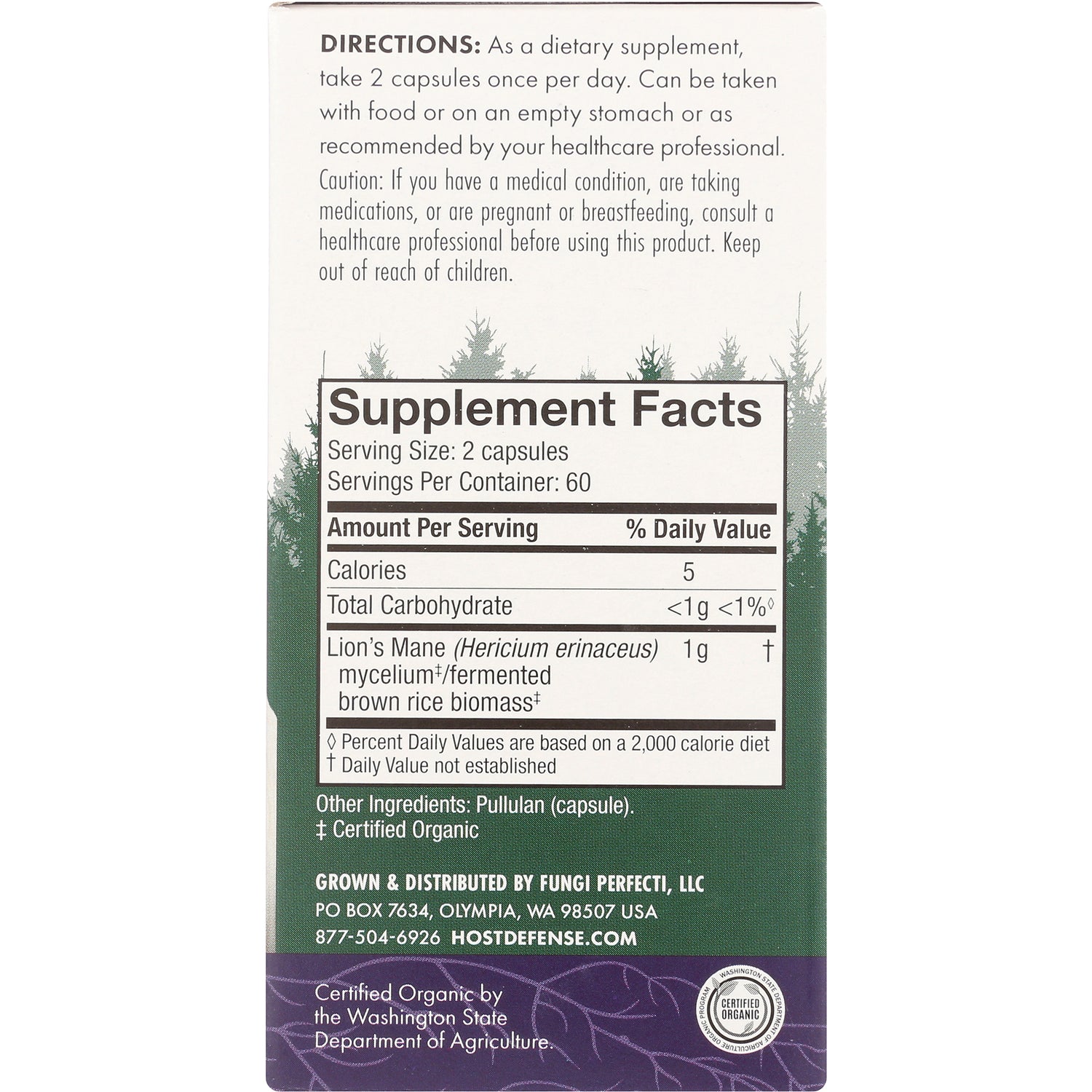 Supplement facts and directions on back of supplement box showing Serving Size: 2 capsules, Lion's Mane 1 g, other ingredients and company info