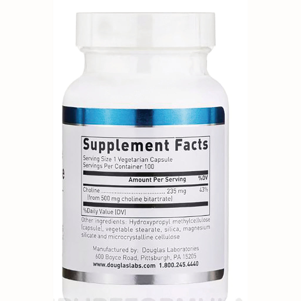 DGL061 | back of white supplement bottle showing Supplement Facts label with serving size and choline 235 mg - Thumbnail