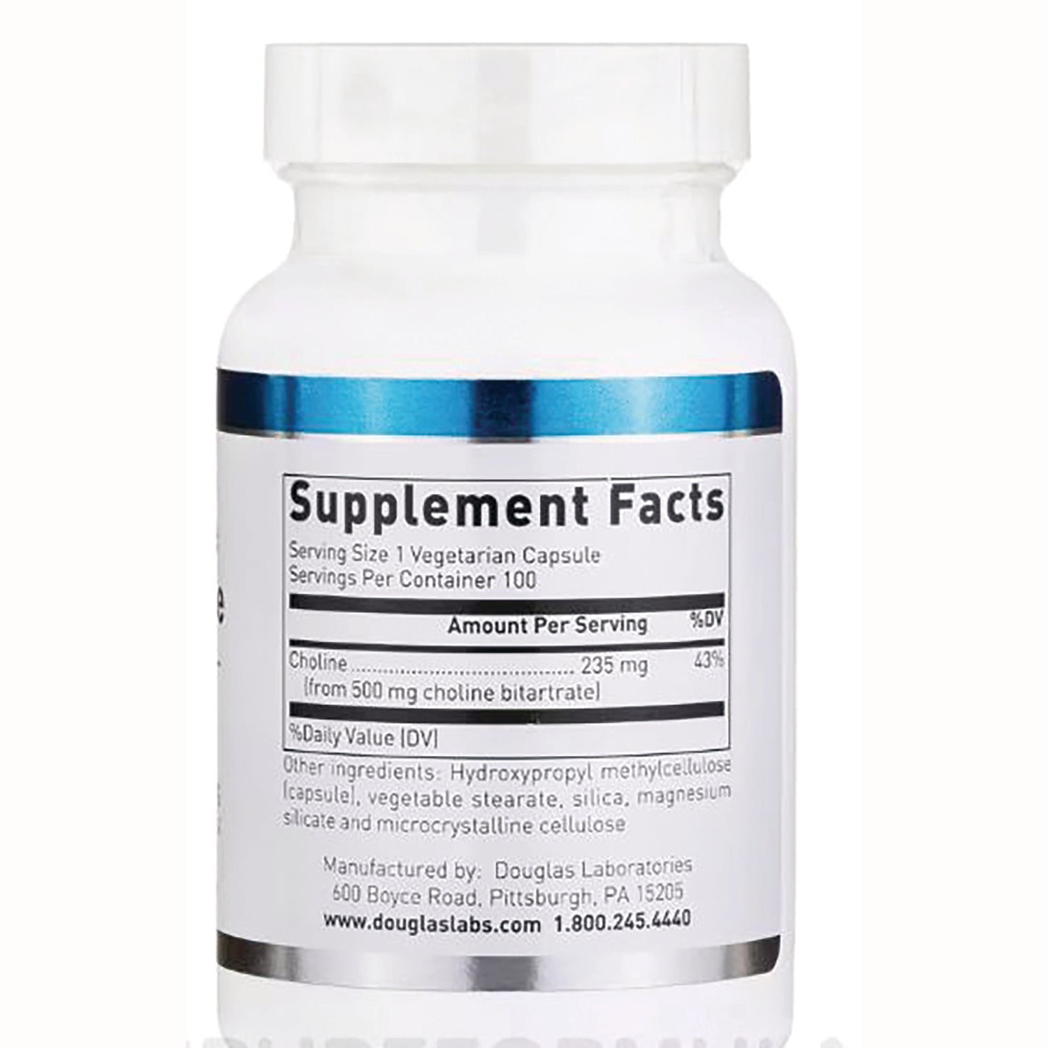 DGL061 | back of white supplement bottle showing Supplement Facts label with serving size and choline 235 mg