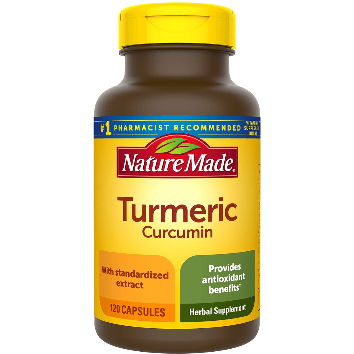 NTM104 | Nature Made Turmeric Curcumin supplement bottle, yellow label reads 120 CAPSULES and Provides antioxidant benefits