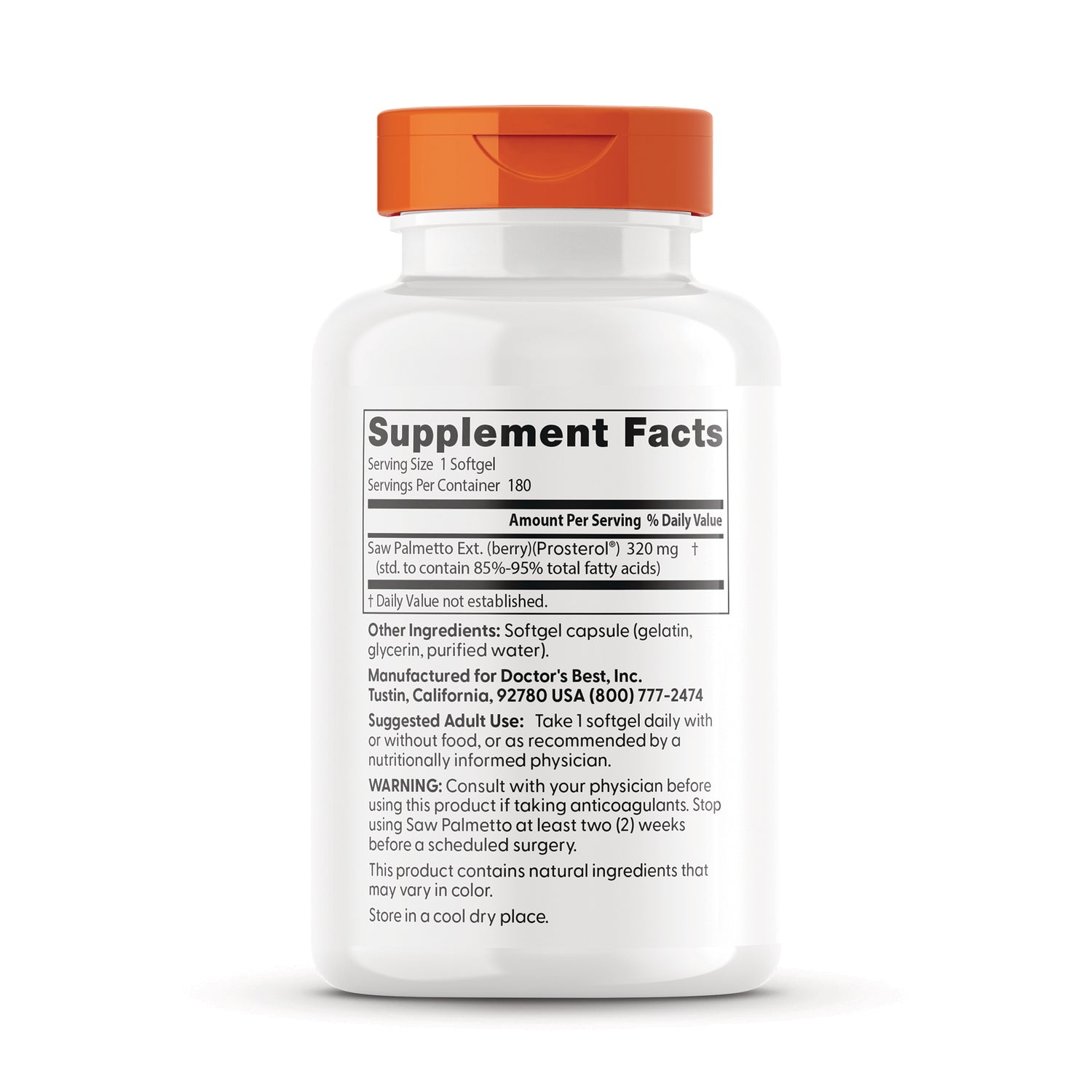 DB171 | back label showing Supplement Facts, ingredients, suggested use and warning on white bottle with orange cap