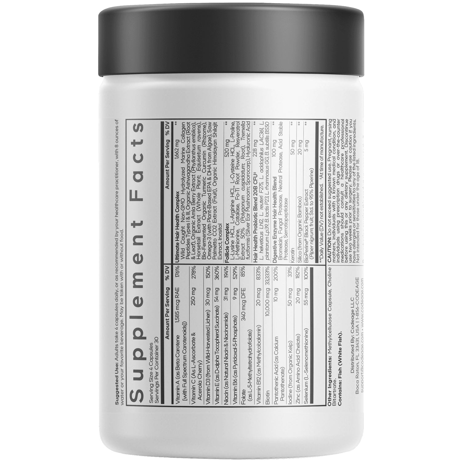 CDG010 | Back label of white supplement jar showing Supplement Facts table and ingredient text