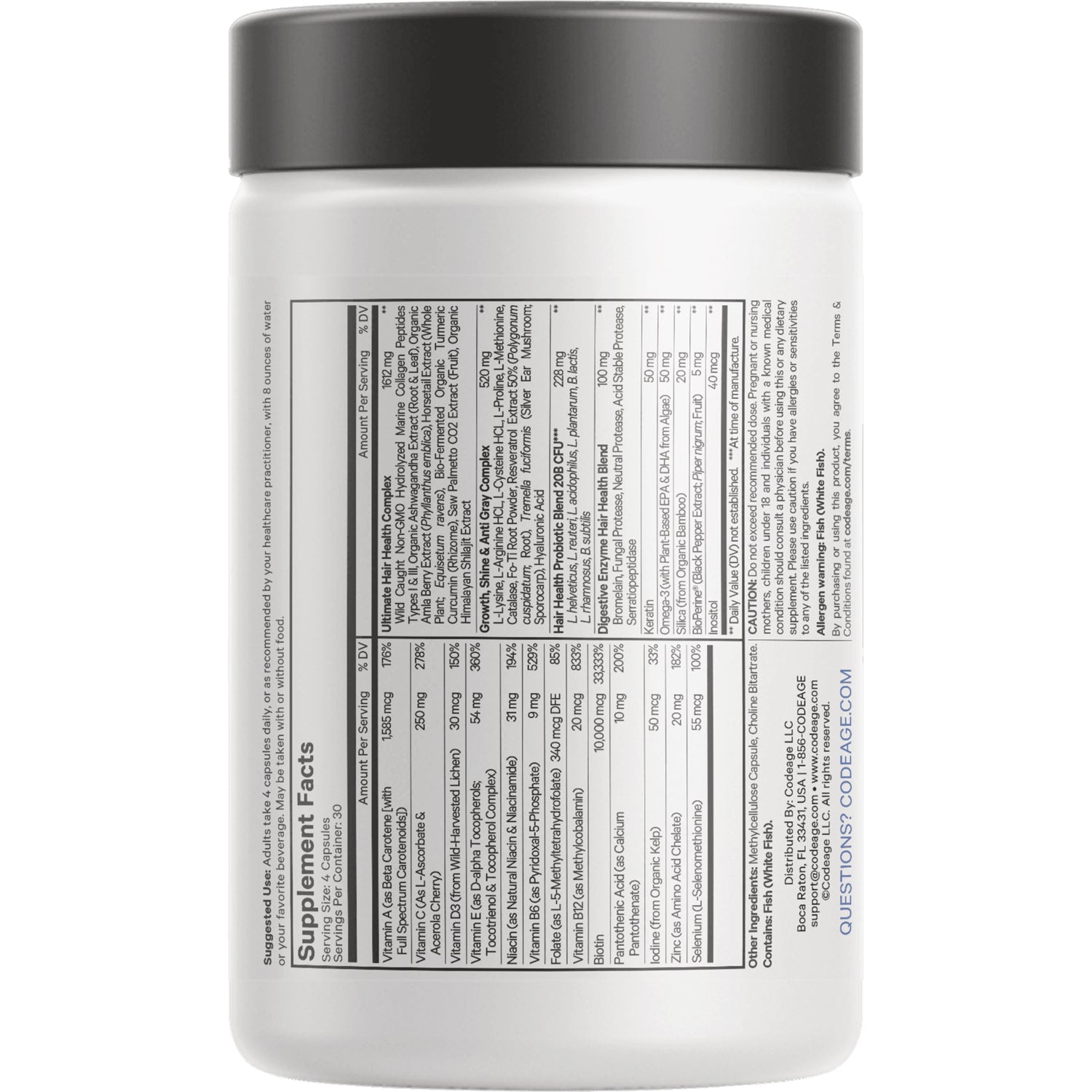 CDG010 | Back label of white supplement jar showing Supplement Facts table and ingredient text