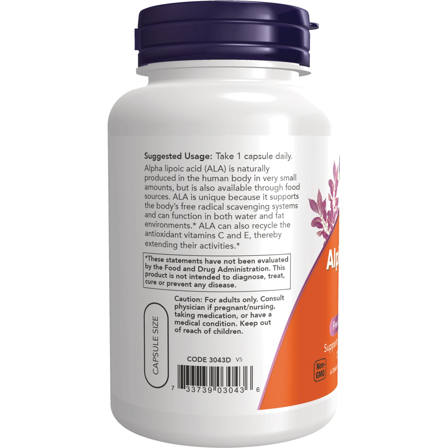 NWF724 | Back of white supplement bottle with label text Suggested Usage: Take 1 capsule daily, caution, barcode and capsule size graphic