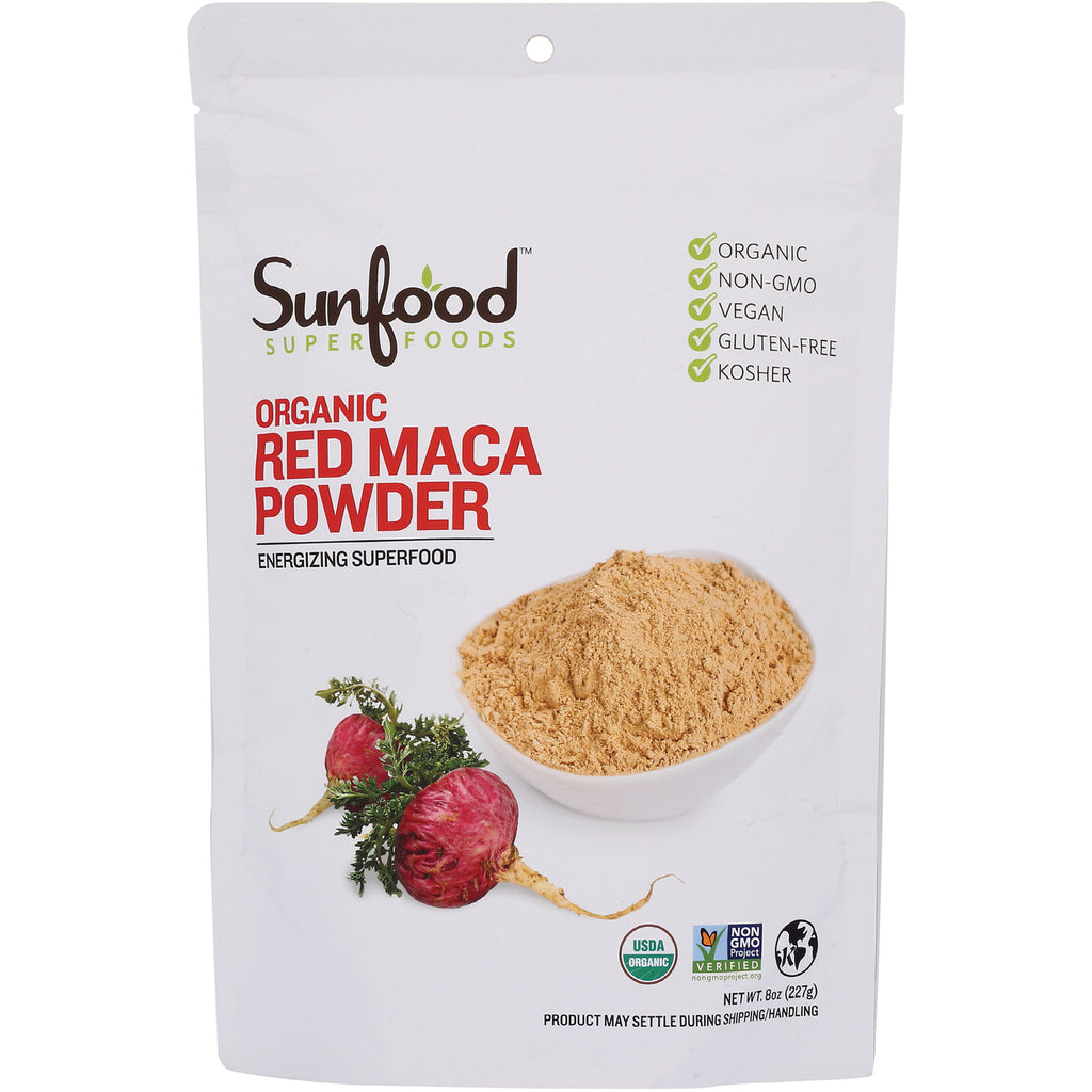 SNF008 | Sunfood Superfoods Organic Red Maca Powder pouch with bowl of powder; Organic, Non-GMO, Vegan, Gluten-free, Kosher - Thumbnail