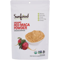 SNF008 | Sunfood Superfoods Organic Red Maca Powder pouch with bowl of powder; Organic, Non-GMO, Vegan, Gluten-free, Kosher