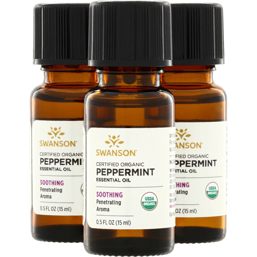 SWAR013 | Three Swanson Certified Organic Peppermint Essential Oil bottles, 0.5 fl oz (15 ml), Soothing penetrating aroma - Thumbnail