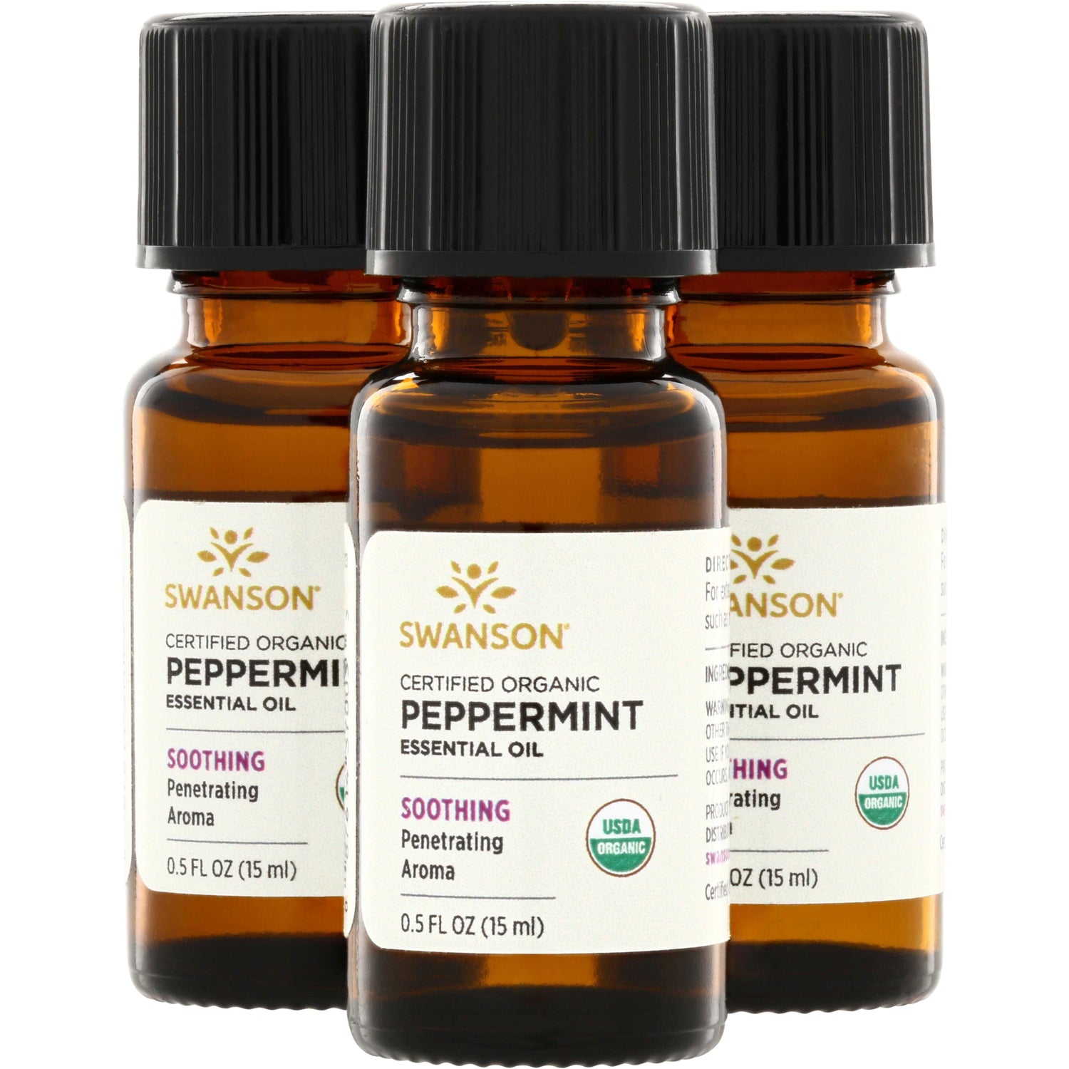 SWAR013 | Three Swanson Certified Organic Peppermint Essential Oil bottles, 0.5 fl oz (15 ml), Soothing penetrating aroma