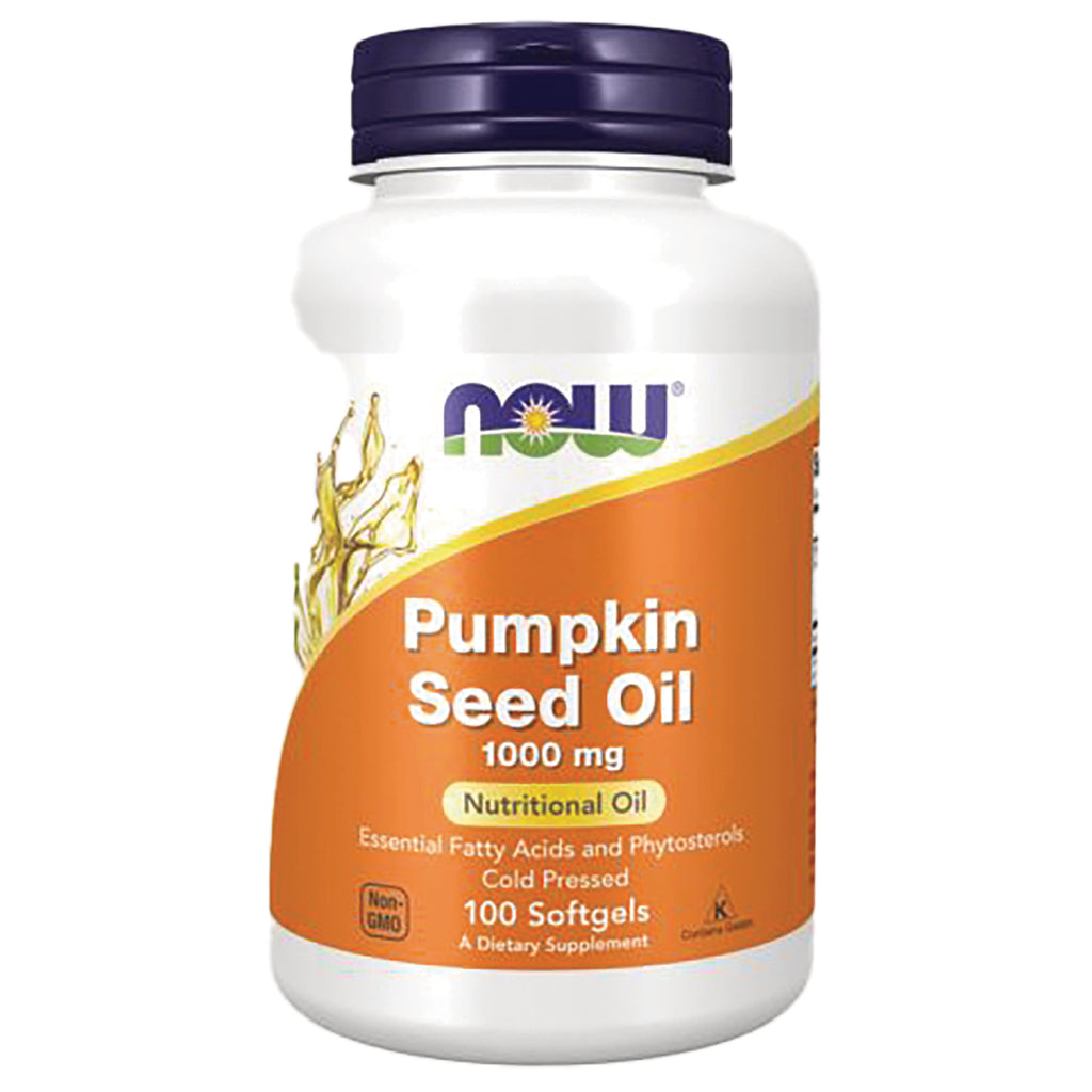 NWF377 | NOW Pumpkin Seed Oil 1000 mg bottle with orange label, 100 softgels - Thumbnail