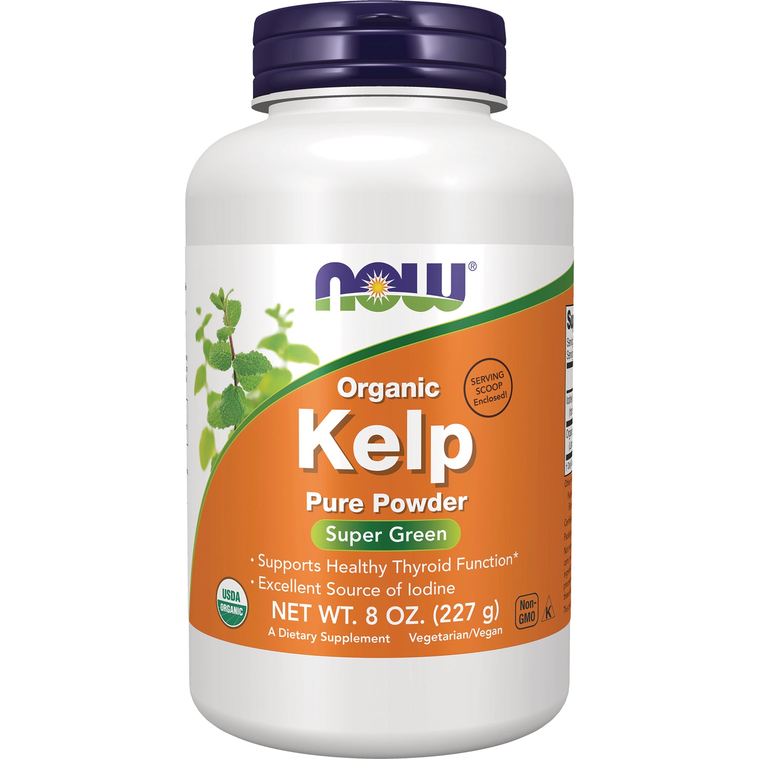 NWF945 | NOW Organic Kelp pure powder Super Green white bottle with orange label NET WT. 8 OZ (227 g)