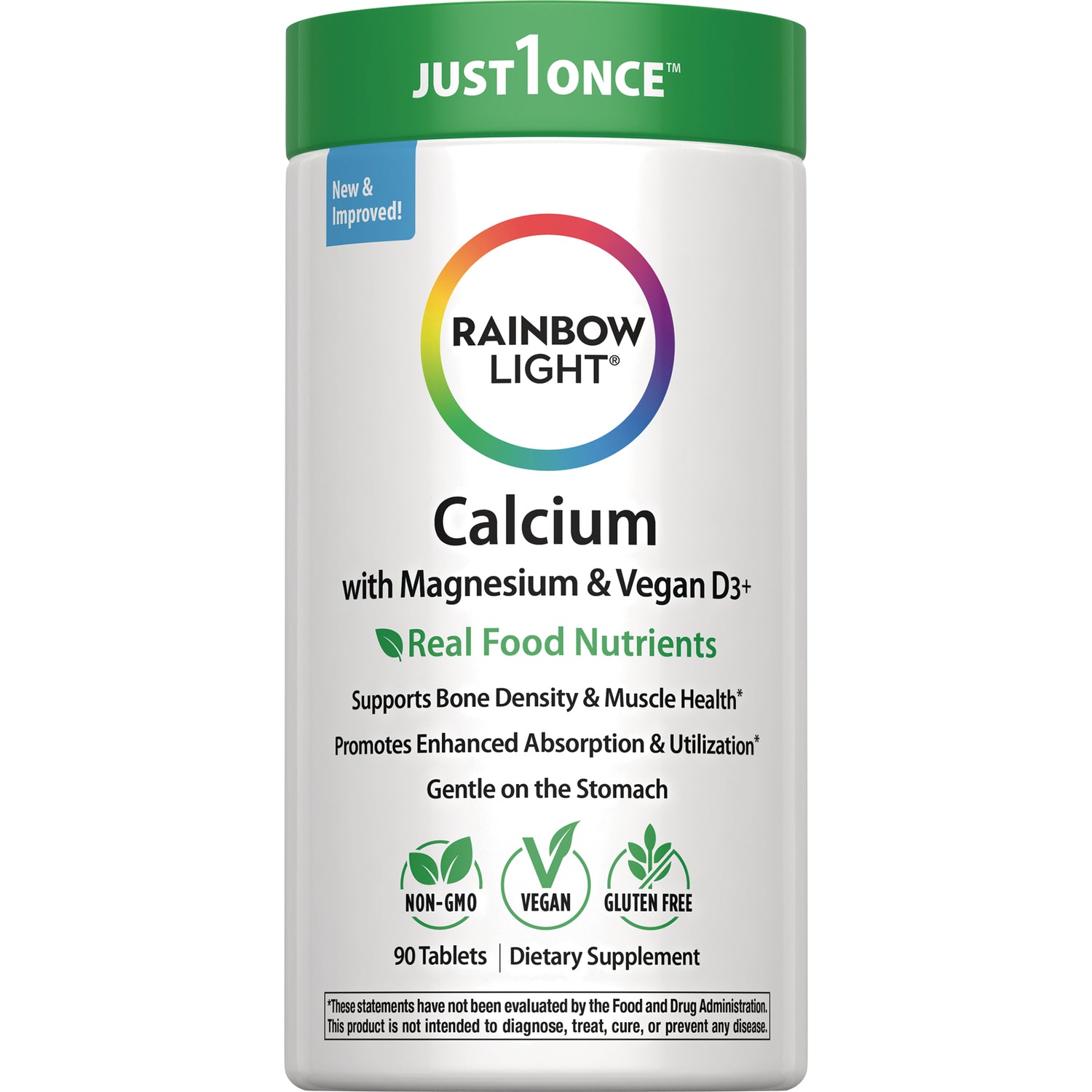 RBL166 | Rainbow Light Calcium supplement bottle with magnesium and vegan D3, 90 tablets, non-GMO vegan gluten free