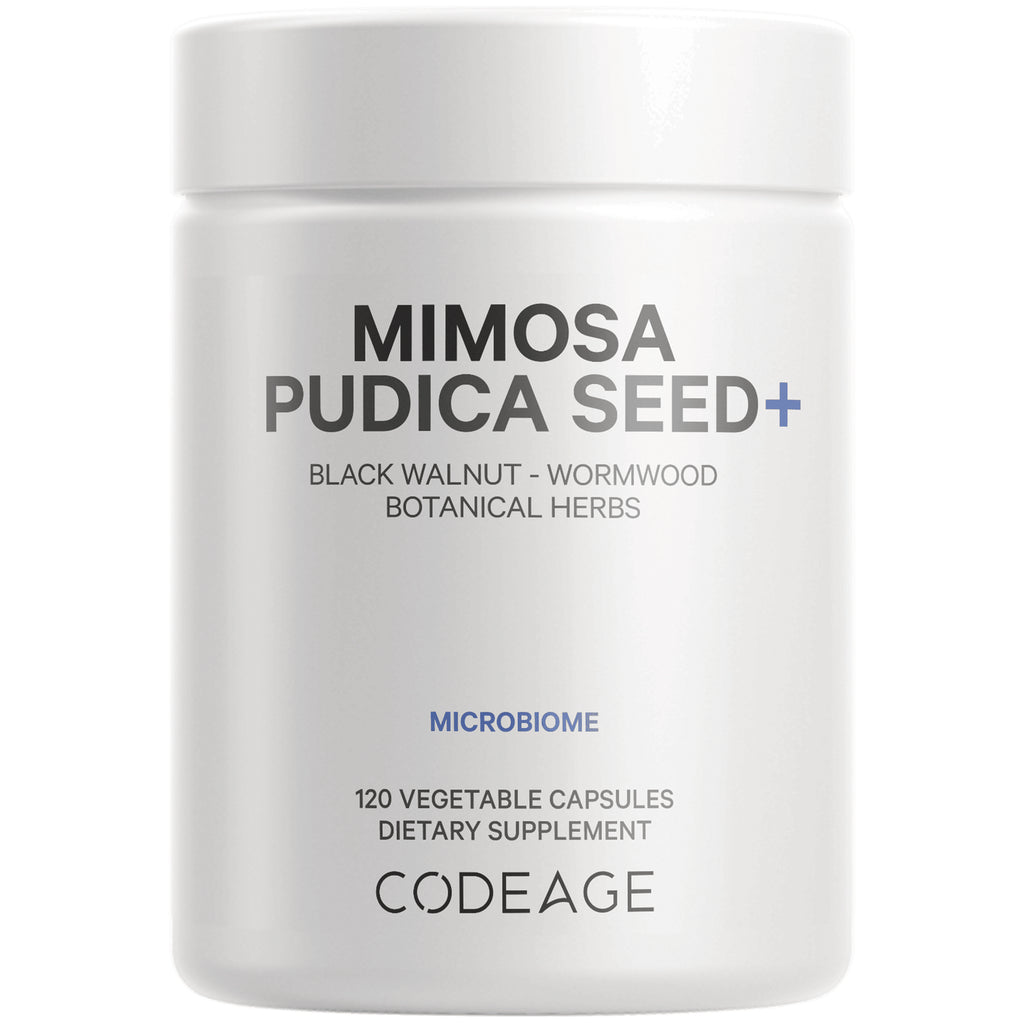 White supplement bottle labeled MIMOSA PUDICA SEED+ with MICROBIOME, 120 vegetable capsules, CODEAGE - Thumbnail