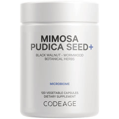White supplement bottle labeled MIMOSA PUDICA SEED+ with MICROBIOME, 120 vegetable capsules, CODEAGE