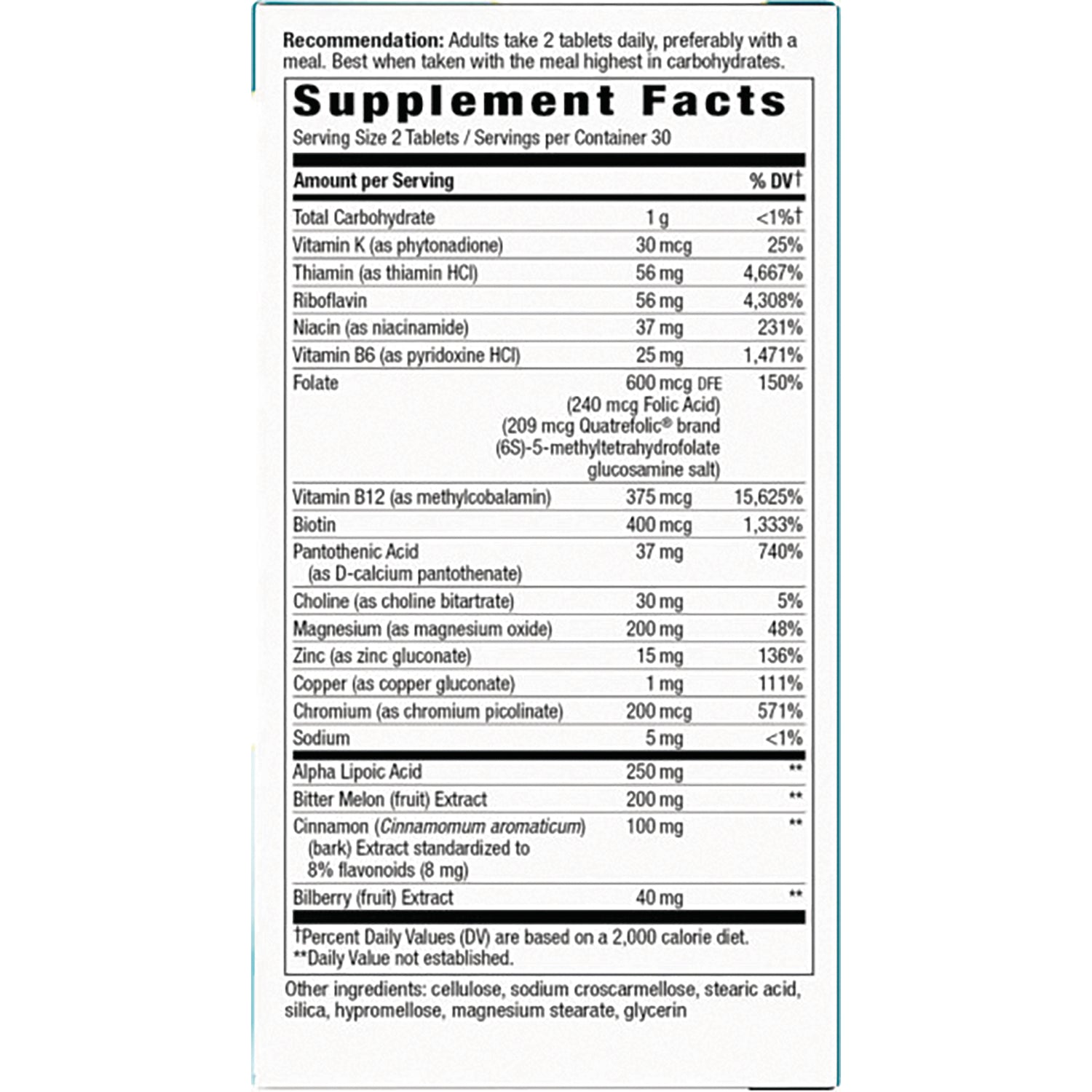 ET376 | Supplement Facts panel listing serving size, vitamins, minerals, and other ingredients on back of package