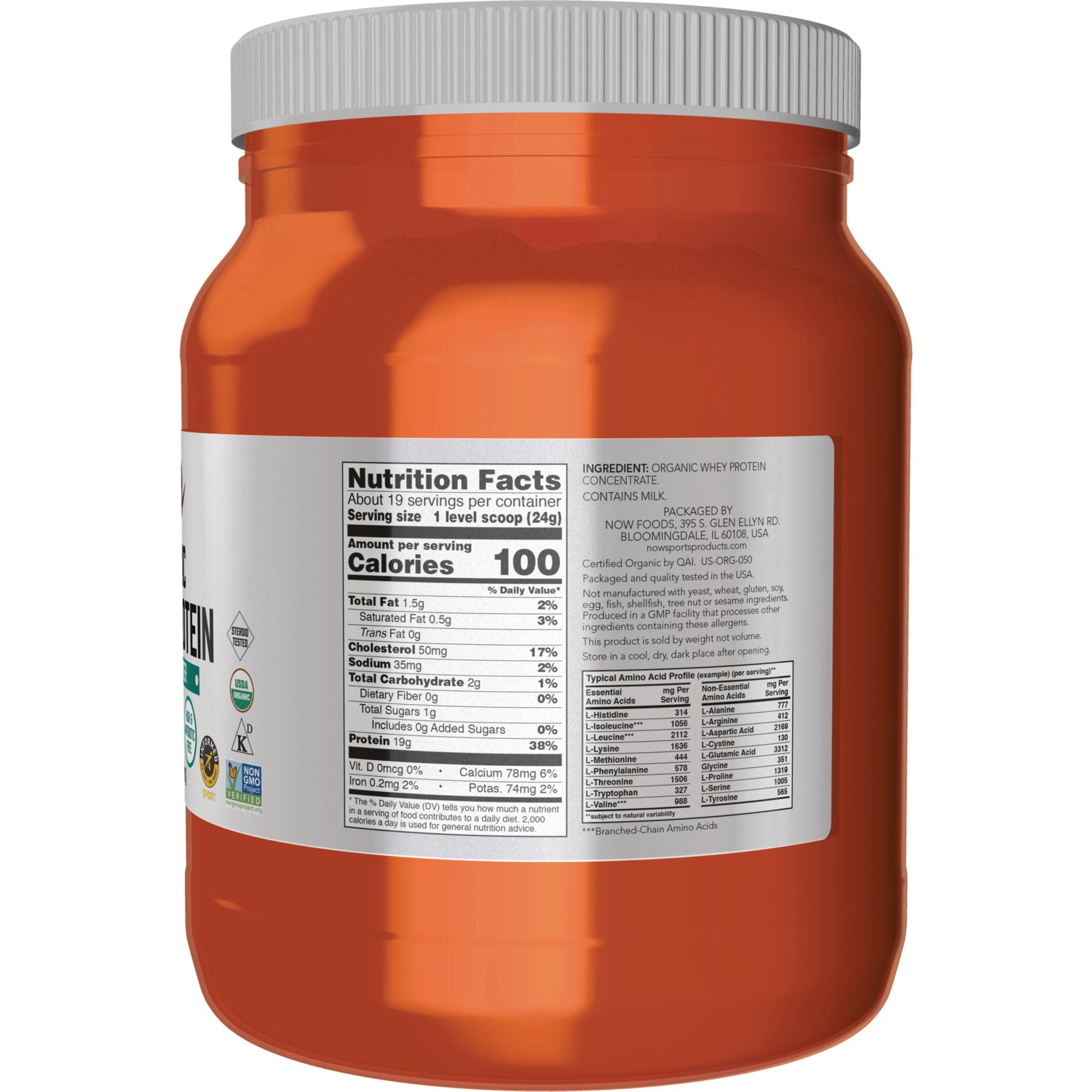NWF969 | back of orange supplement jar showing Nutrition Facts panel and ingredient and amino acid tables 100 calories per serving