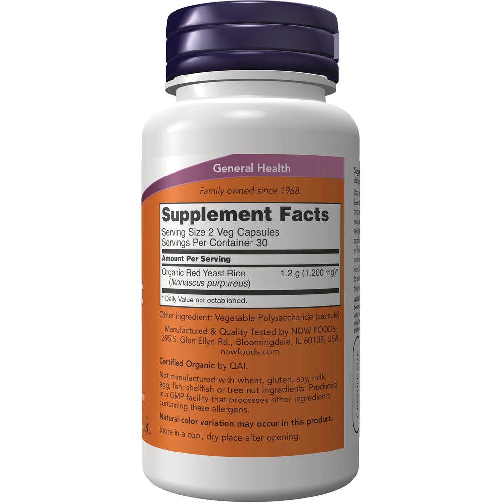 NWF090 | Back of white supplement bottle showing Supplement Facts label with Serving Size 2 Veg Capsules and Organic Red Yeast Rice 1.2 g - Thumbnail