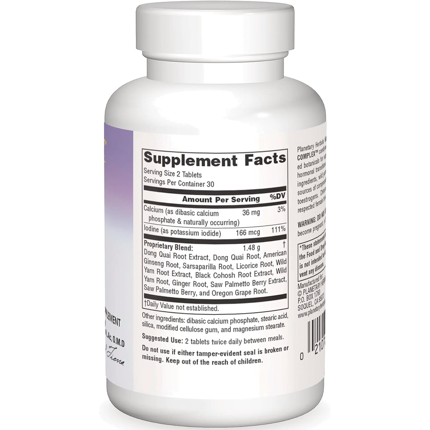 PF141 | Back of white supplement bottle showing Supplement Facts panel, ingredient list, and barcode